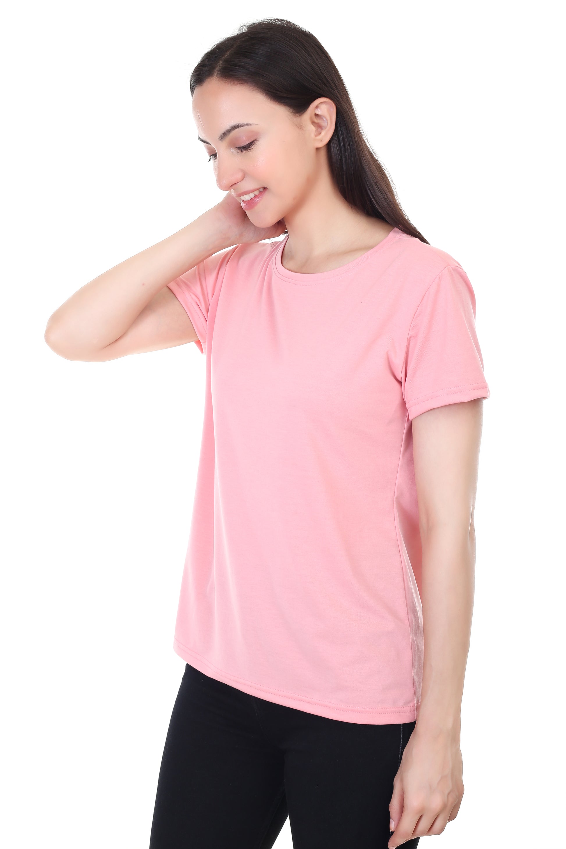 Women's Plain Regular Fit Round Neck Half Sleeve Cotton Blend T-Shirt