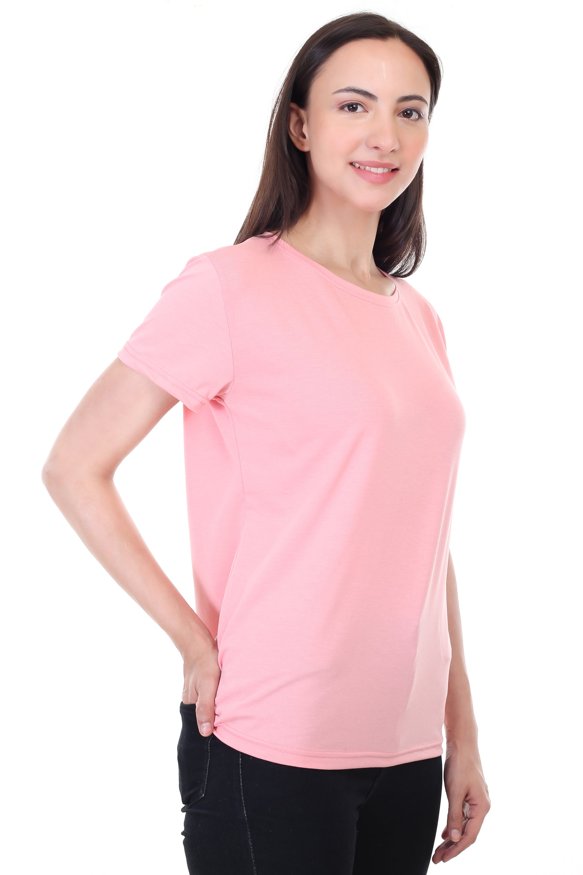 Women's Plain Regular Fit Round Neck Half Sleeve Cotton Blend T-Shirt