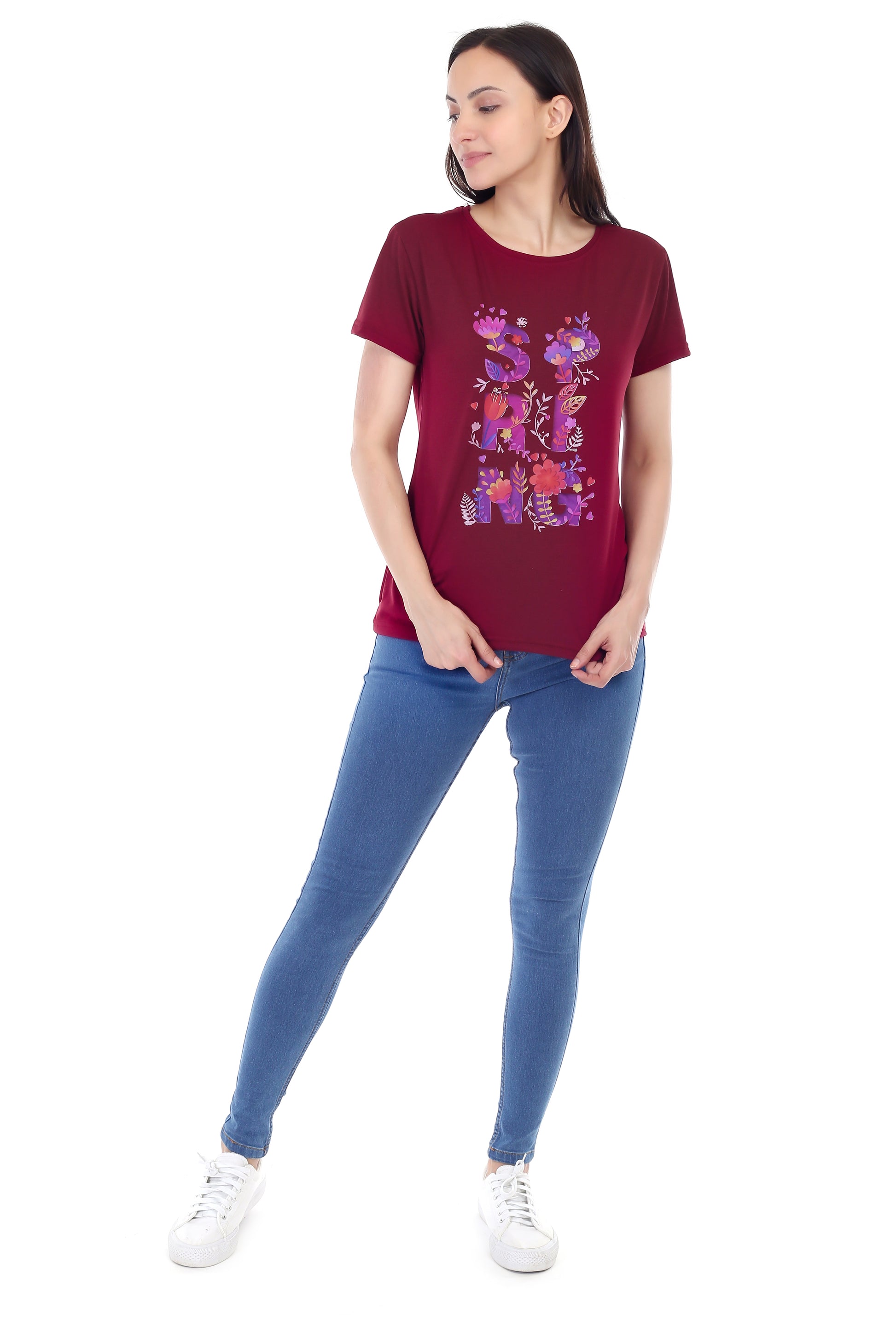 Women's Floral Bloom Spring Printed Round Neck Half Sleeve Cotton Blend Regular Fit T-Shirt