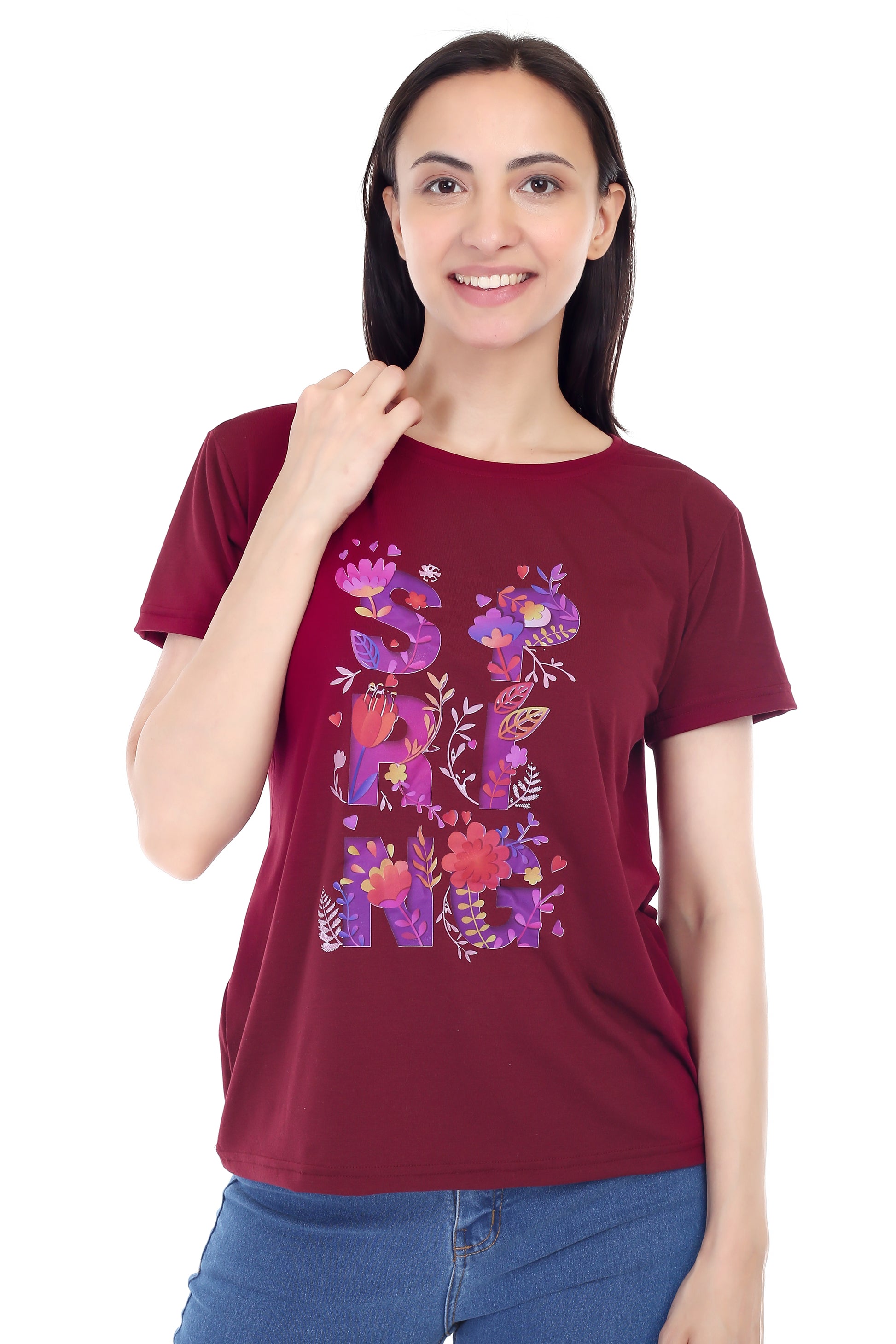 Women's Floral Bloom Spring Printed Round Neck Half Sleeve Cotton Blend Regular Fit T-Shirt