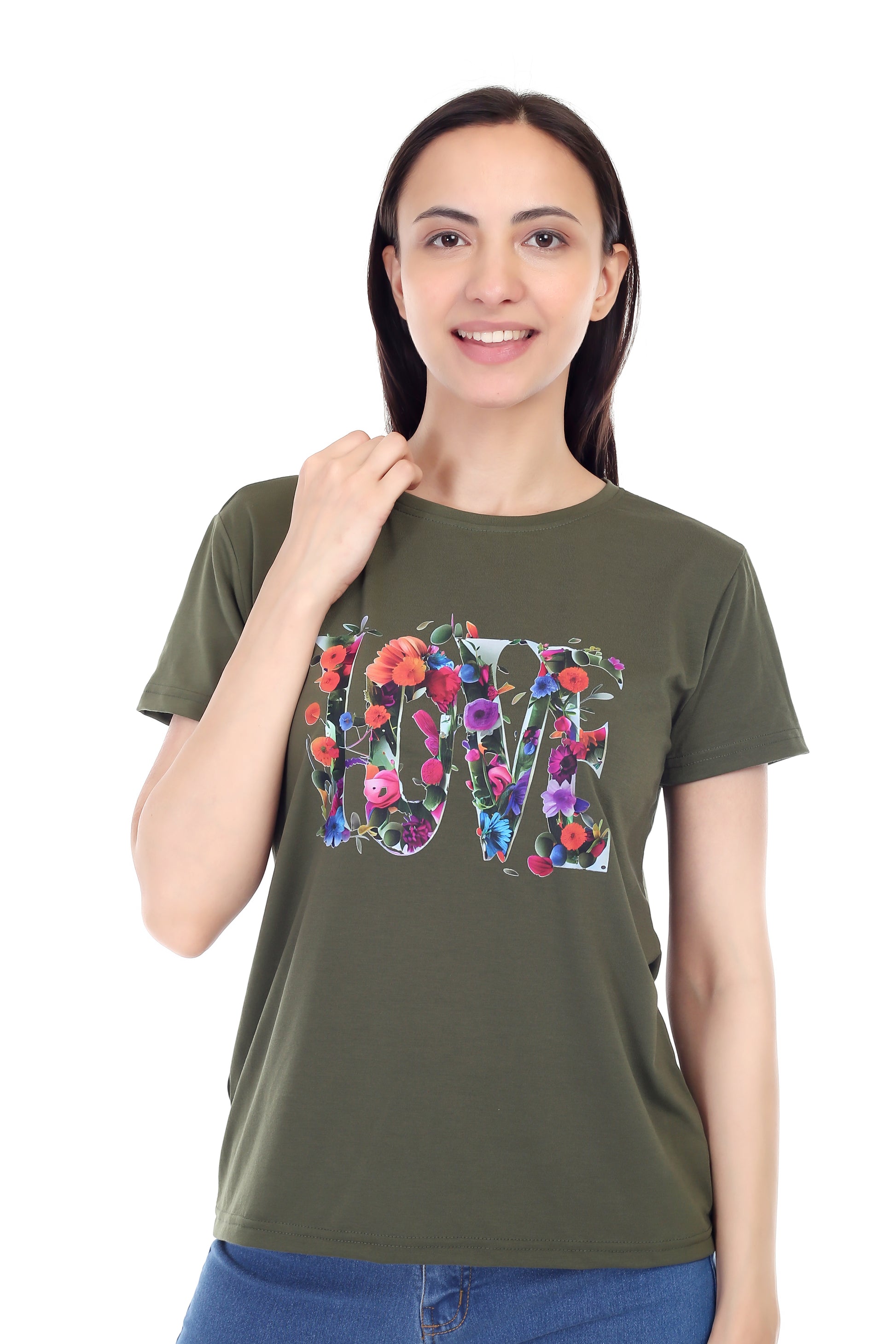 Women's Floral Love Printed Round Neck Half Sleeve Cotton Blend Regular Fit T-Shirt