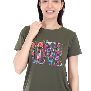 Women's Floral Love Printed Round Neck Half Sleeve Cotton Blend Regular Fit T-Shirt