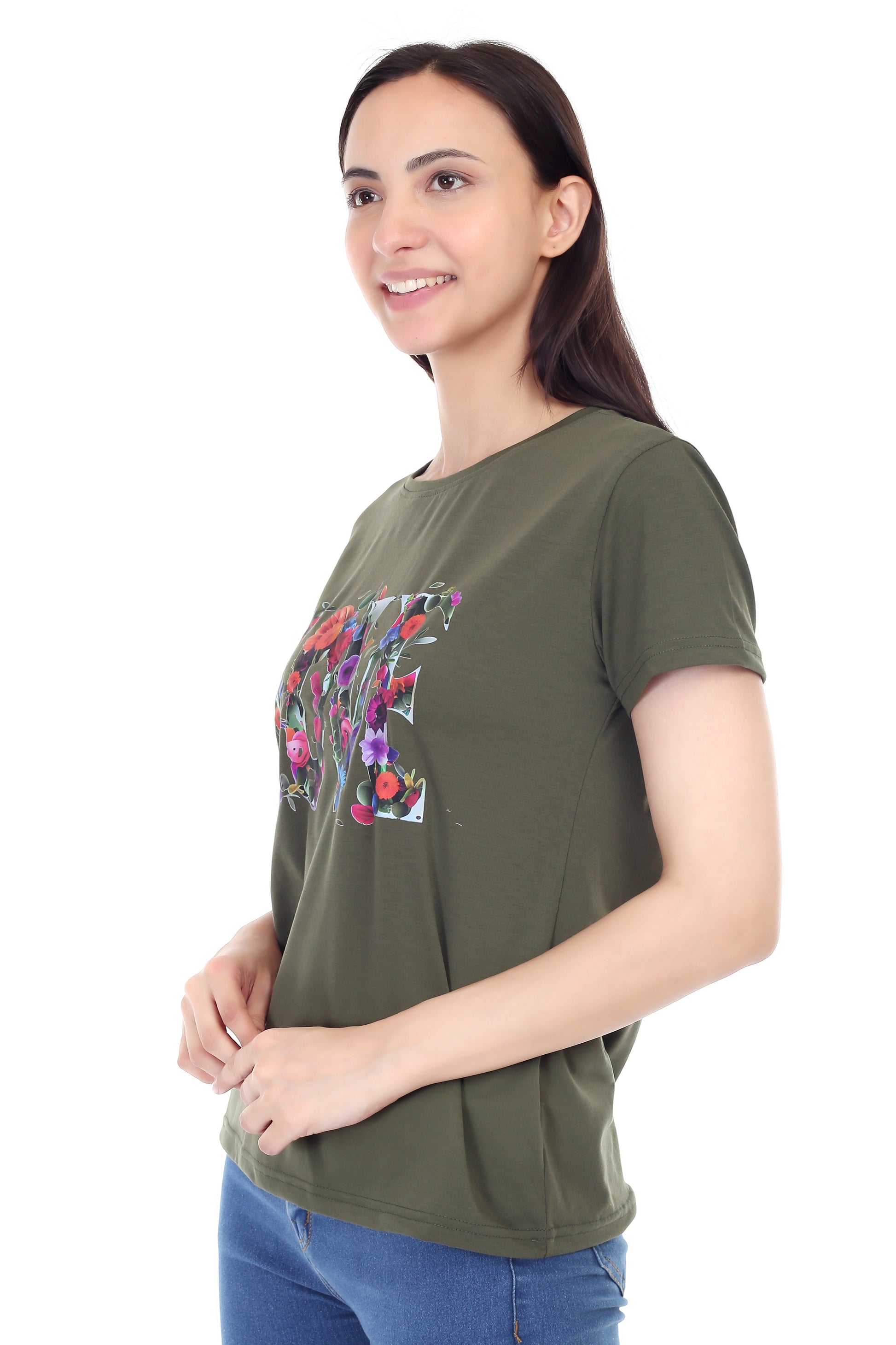 Women's Floral Love Printed Round Neck Half Sleeve Cotton Blend Regular Fit T-Shirt