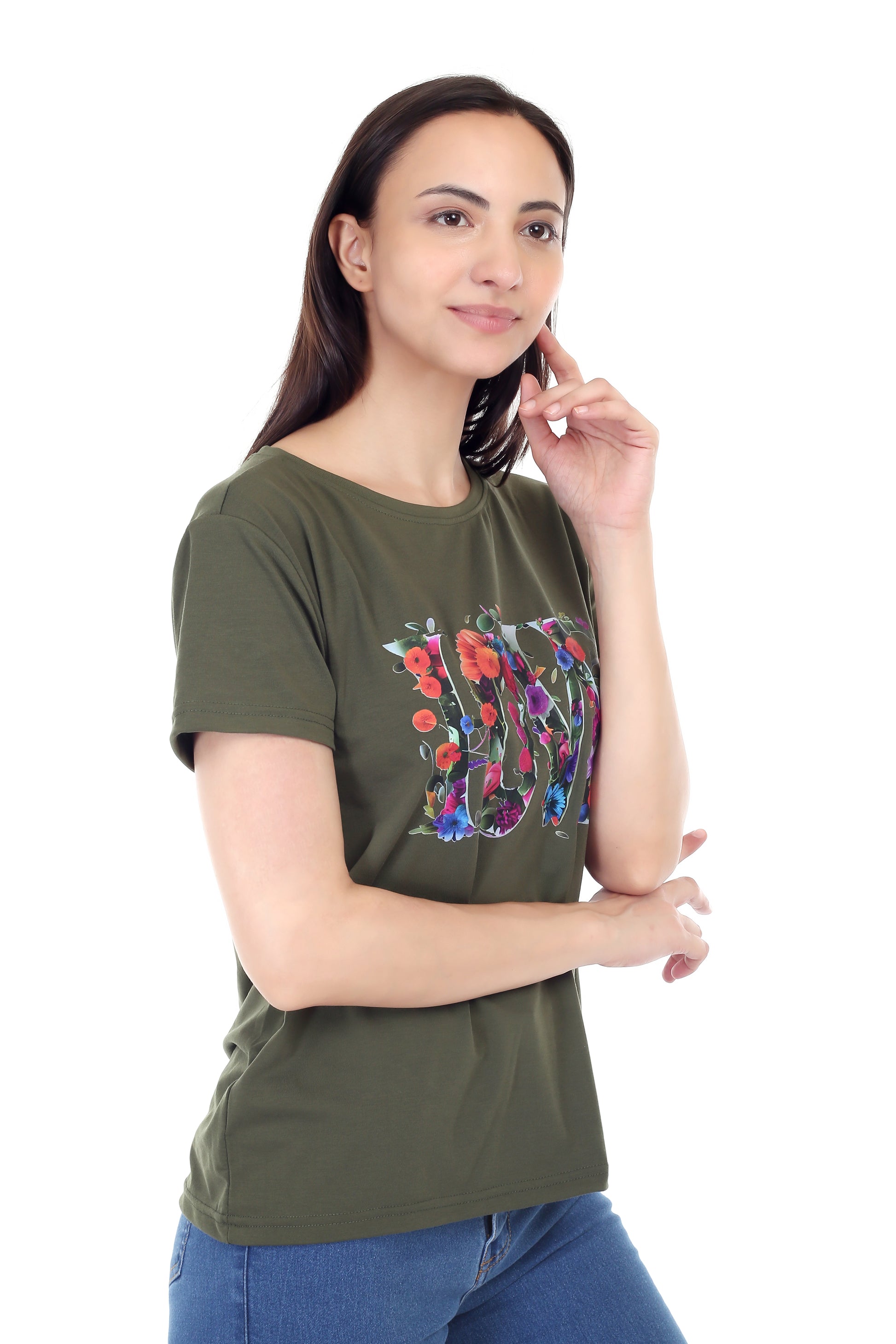 Women's Floral Love Printed Round Neck Half Sleeve Cotton Blend Regular Fit T-Shirt