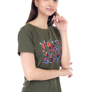 Women's Floral Love Printed Round Neck Half Sleeve Cotton Blend Regular Fit T-Shirt