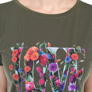 Women's Floral Love Printed Round Neck Half Sleeve Cotton Blend Regular Fit T-Shirt