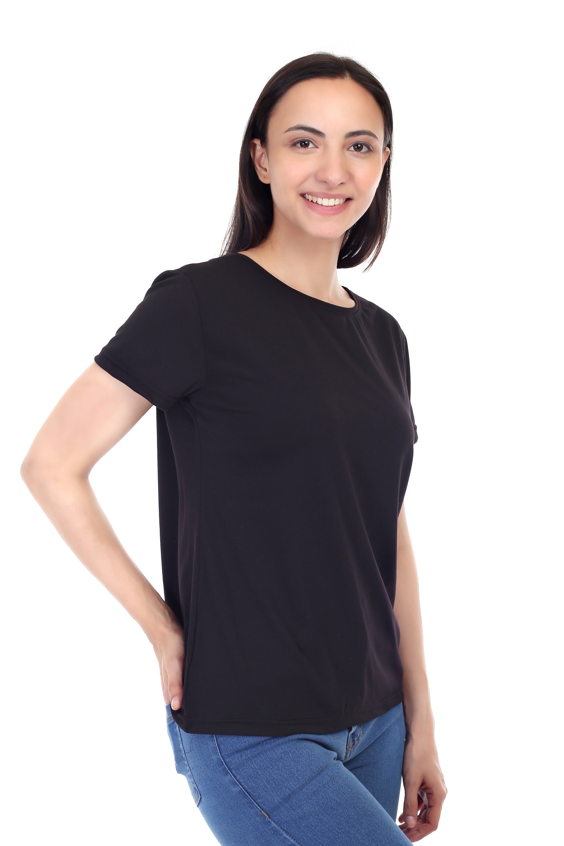 Women's Plain Regular Fit Round Neck Half Sleeve Cotton Blend T-Shirt