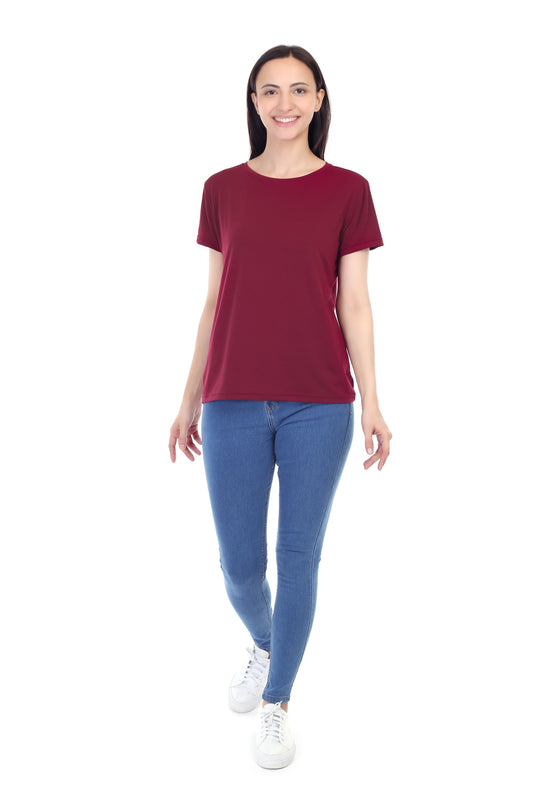 Women's Plain Regular Fit Round Neck Half Sleeve Cotton Blend T-Shirt