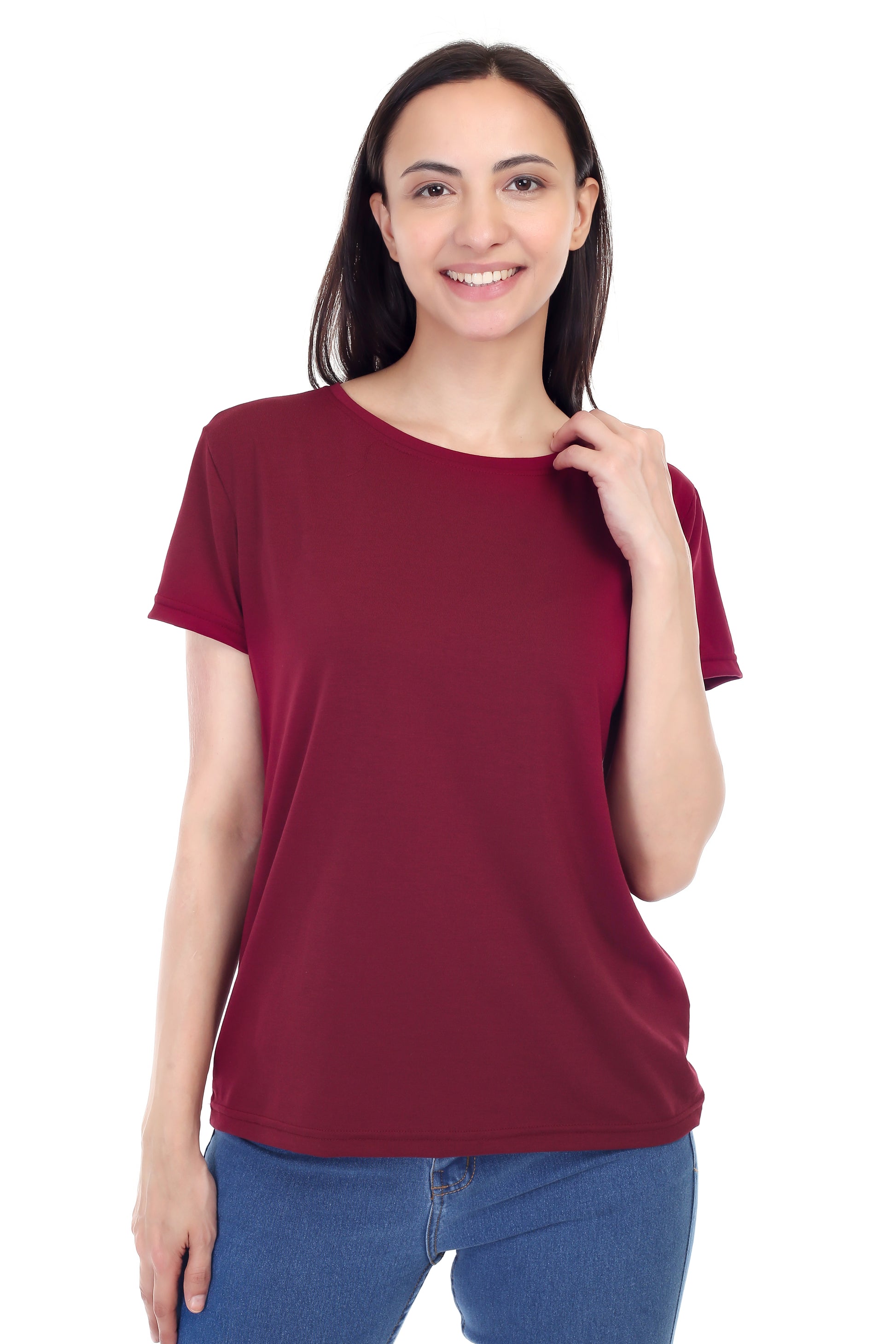 Women's Plain Regular Fit Round Neck Half Sleeve Cotton Blend T-Shirt