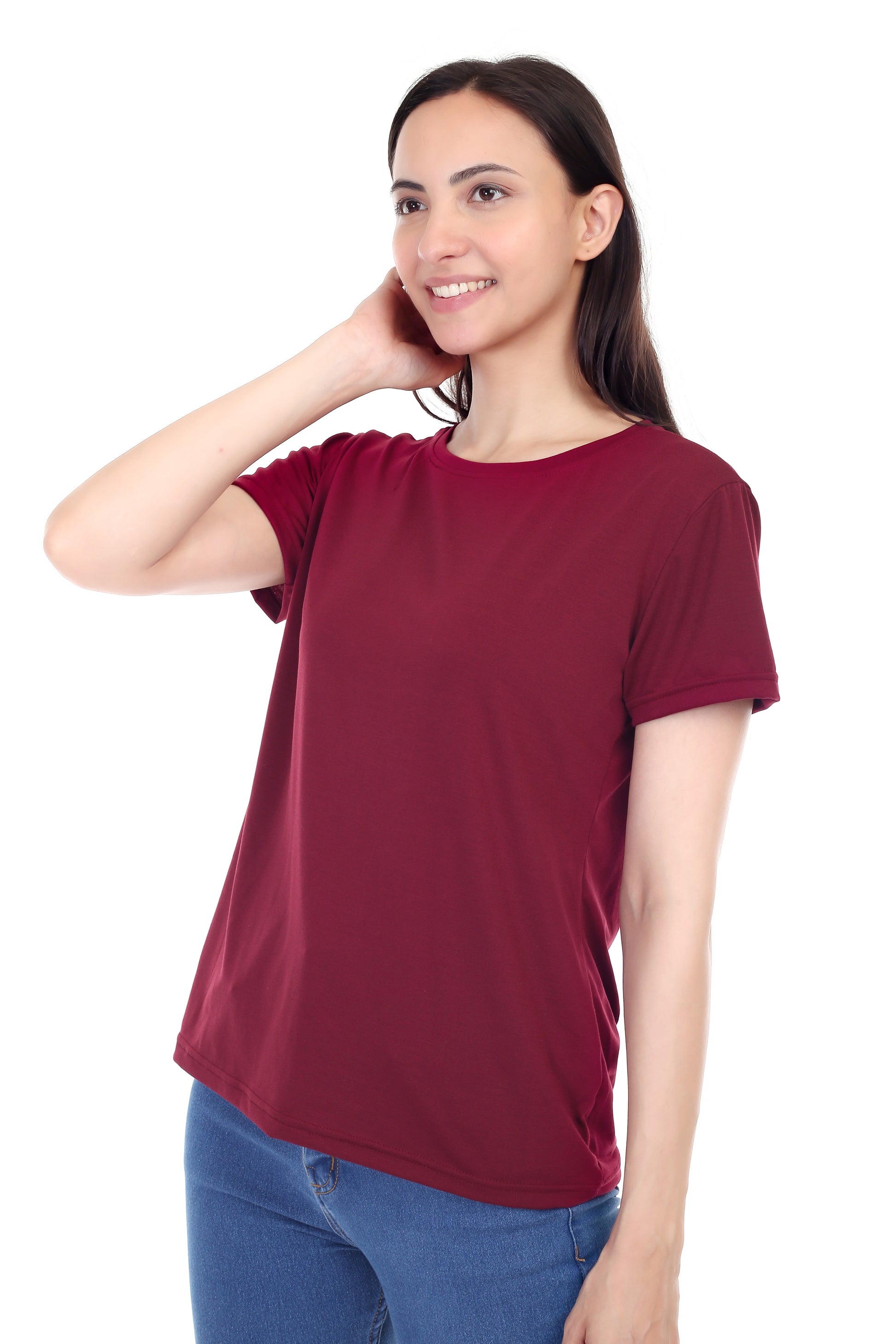 Women's Plain Regular Fit Round Neck Half Sleeve Cotton Blend T-Shirt