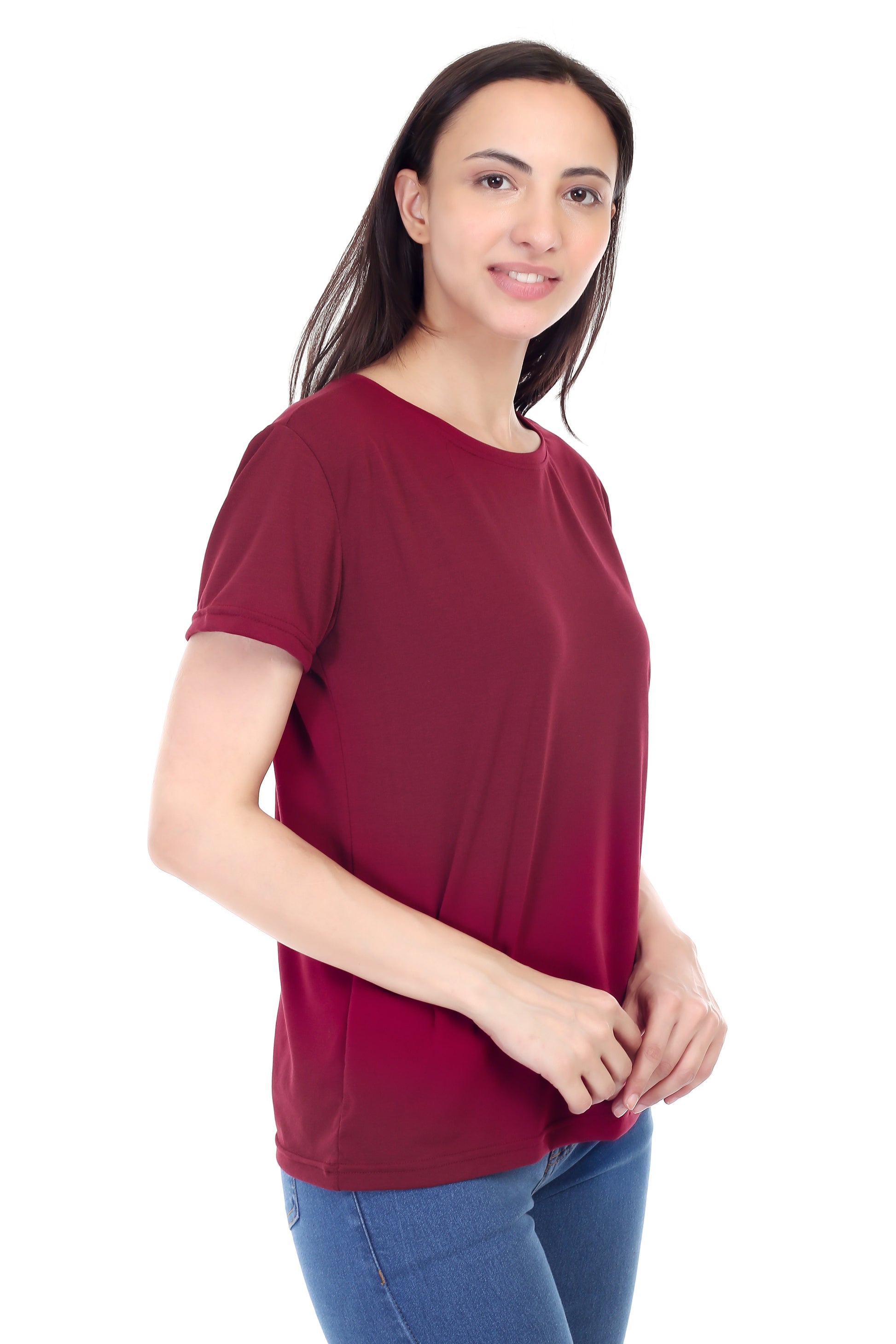 Women's Plain Regular Fit Round Neck Half Sleeve Cotton Blend T-Shirt