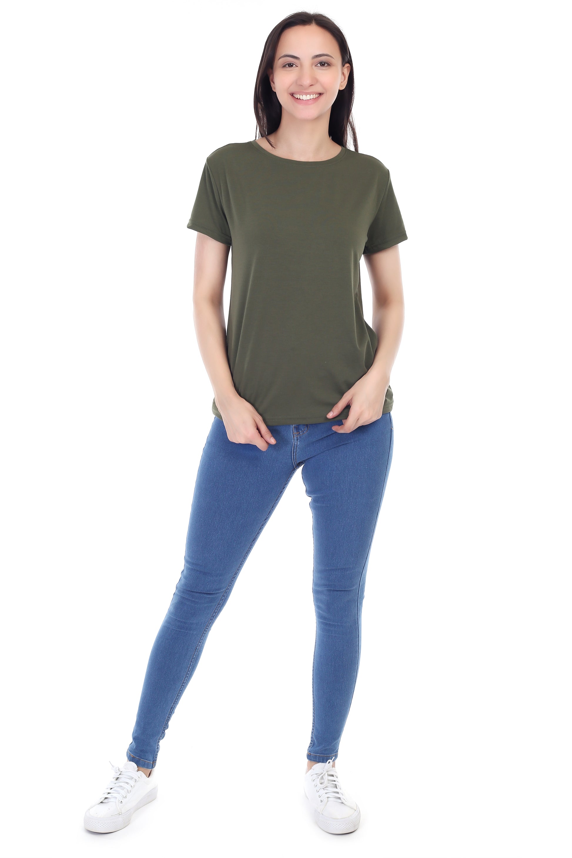 Women's Plain Regular Fit Round Neck Half Sleeve Cotton Blend T-Shirt