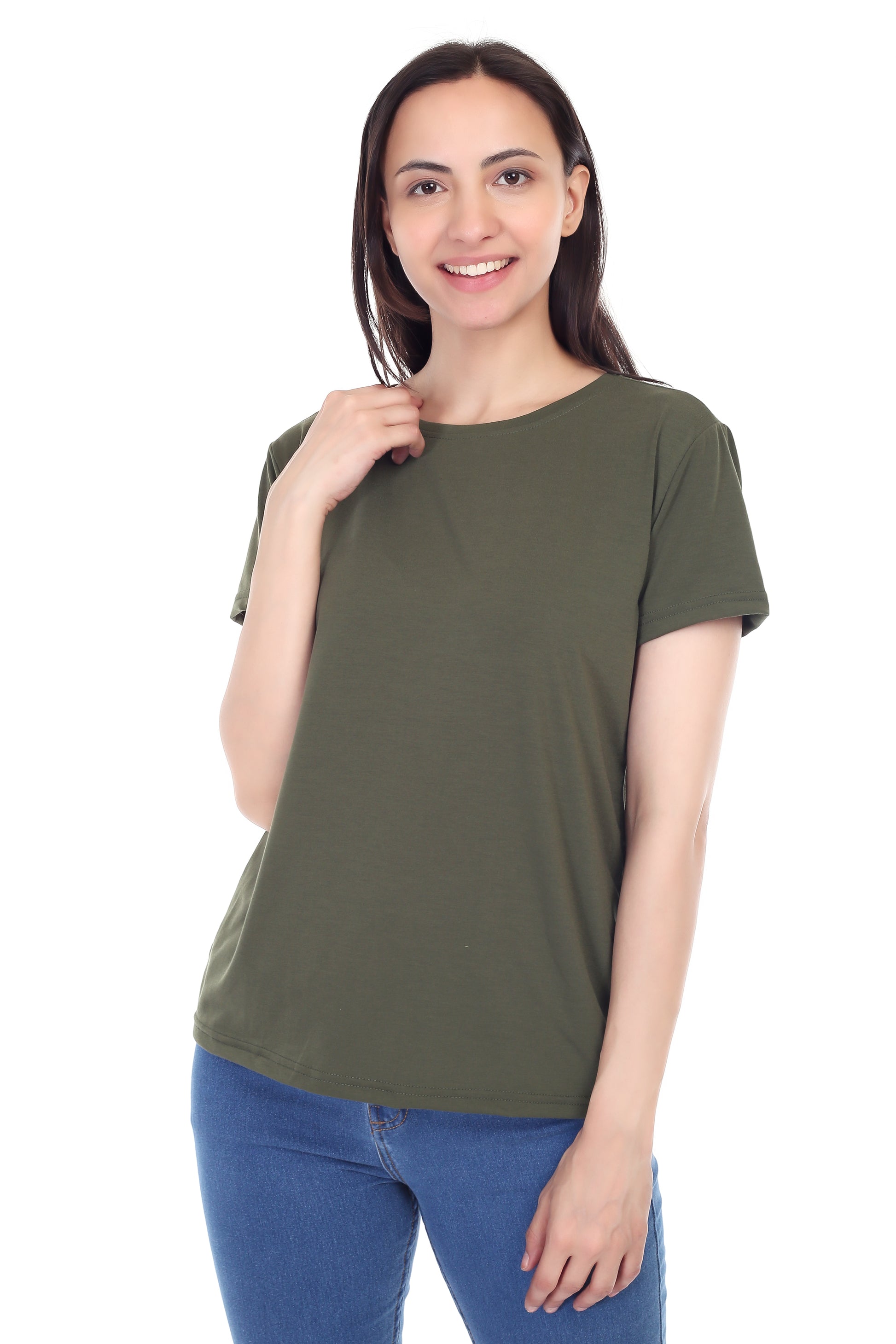 Women's Plain Regular Fit Round Neck Half Sleeve Cotton Blend T-Shirt