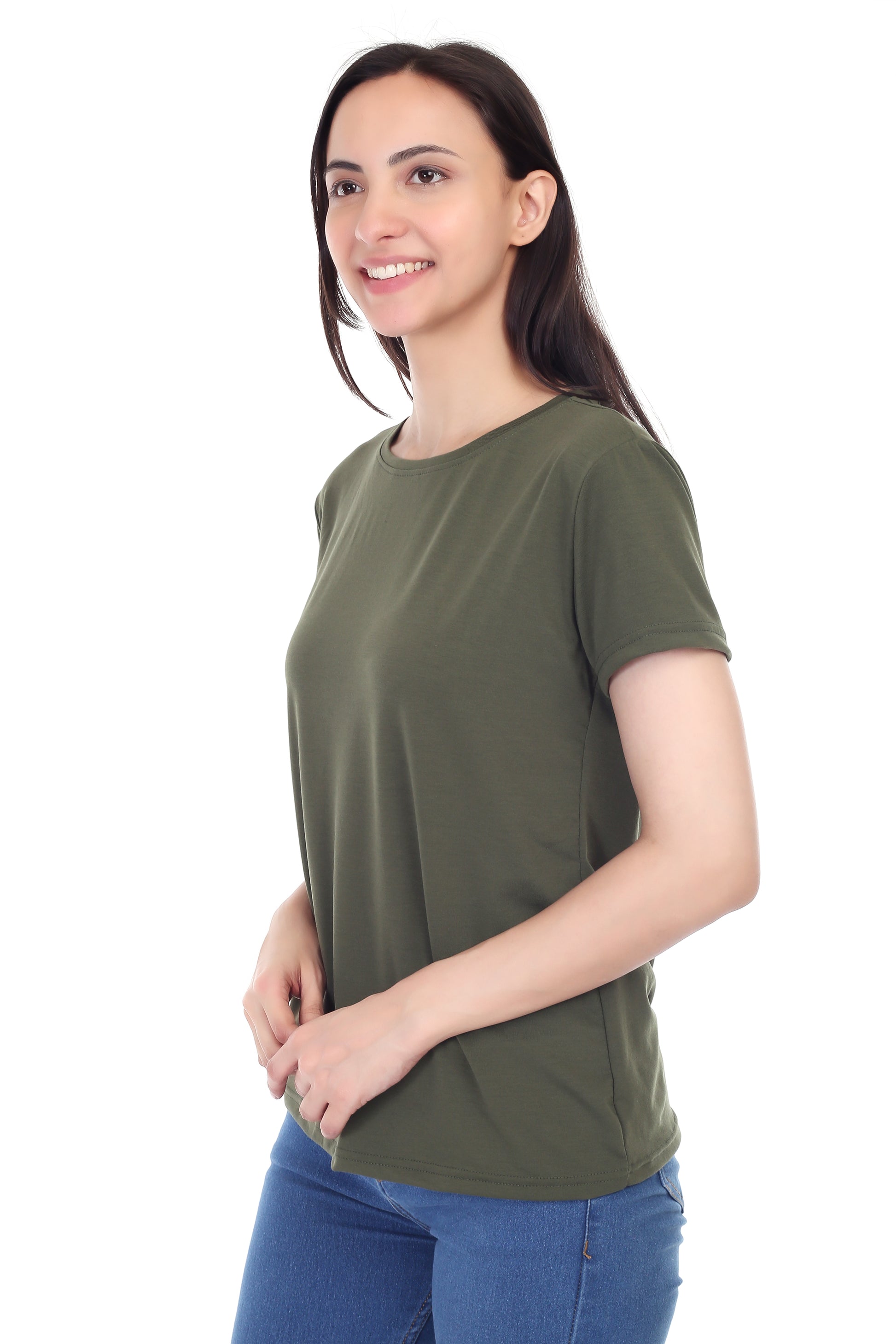 Women's Plain Regular Fit Round Neck Half Sleeve Cotton Blend T-Shirt