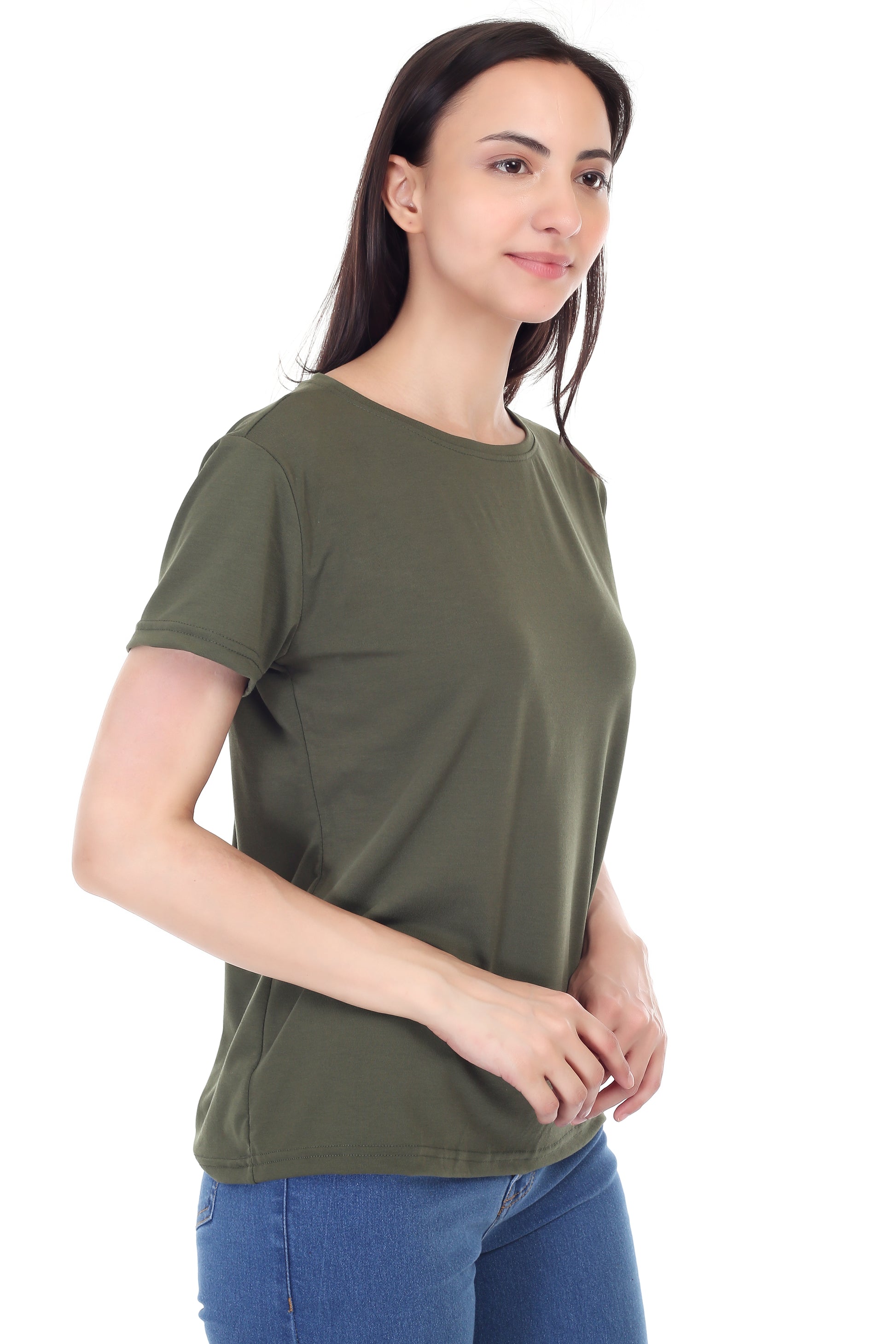 Women's Plain Regular Fit Round Neck Half Sleeve Cotton Blend T-Shirt