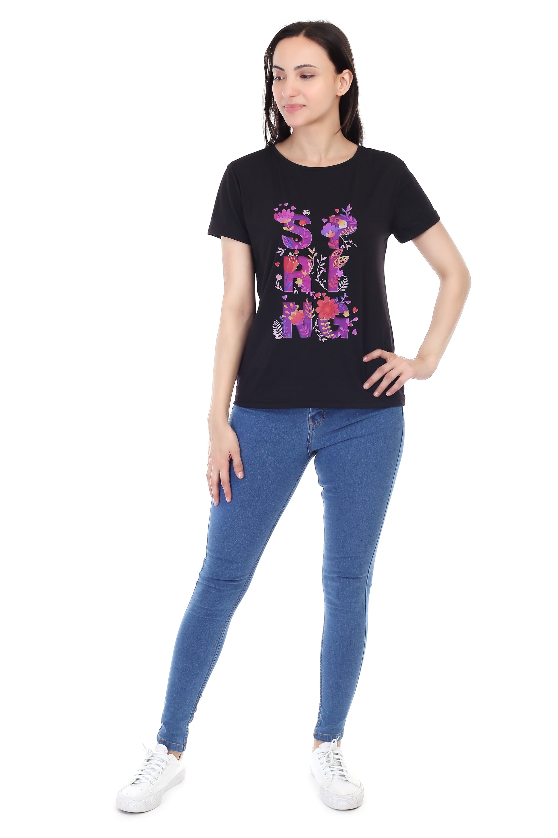 Women's Floral Bloom Spring Printed Round Neck Half Sleeve Cotton Blend Regular Fit T-Shirt