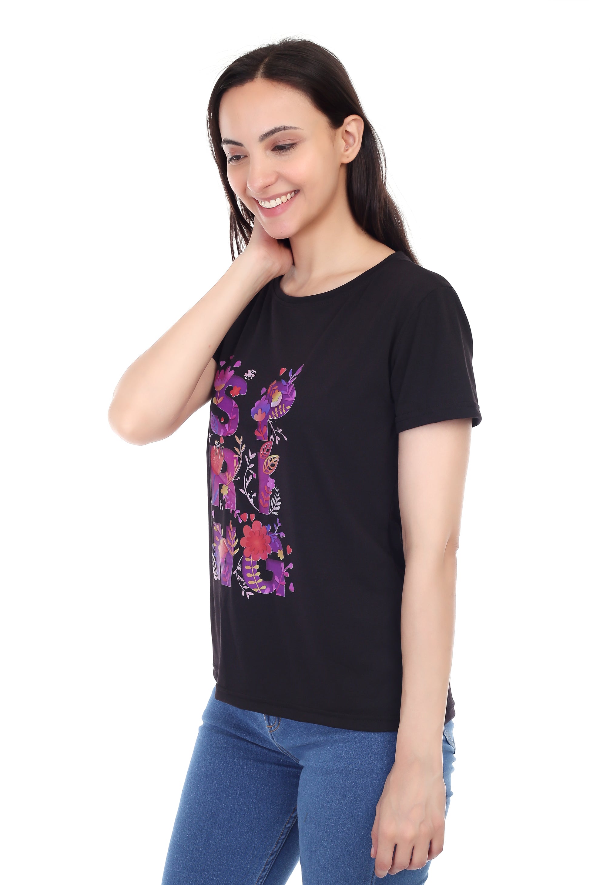 Women's Floral Bloom Spring Printed Round Neck Half Sleeve Cotton Blend Regular Fit T-Shirt