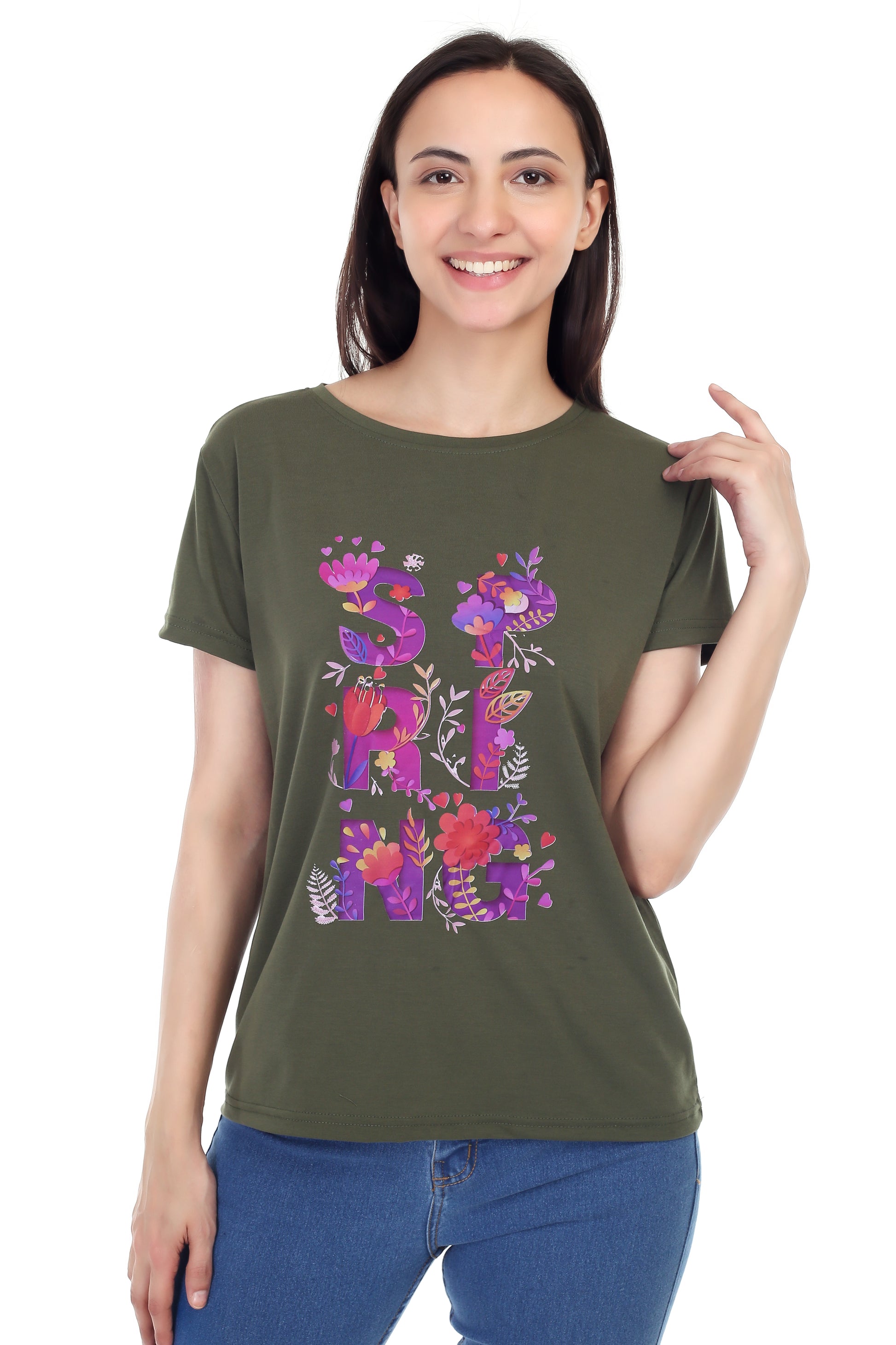 Women's Floral Bloom Spring Printed Round Neck Half Sleeve Cotton Blend Regular Fit T-Shirt