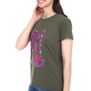 Women's Floral Bloom Spring Printed Round Neck Half Sleeve Cotton Blend Regular Fit T-Shirt