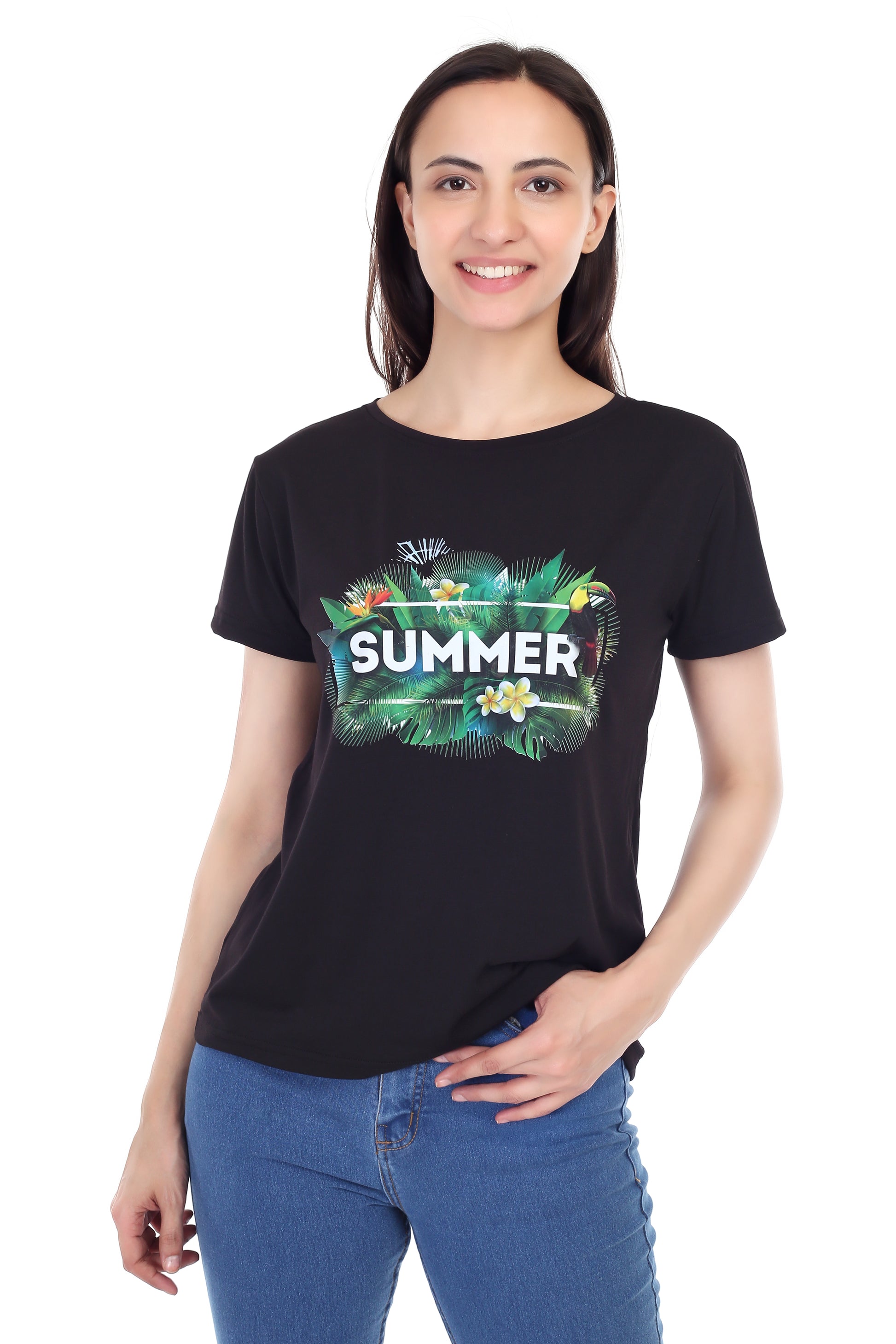 Women's Forest Theme Summer Printed Round Neck Half Sleeve Cotton Blend Regular Fit T-Shirt