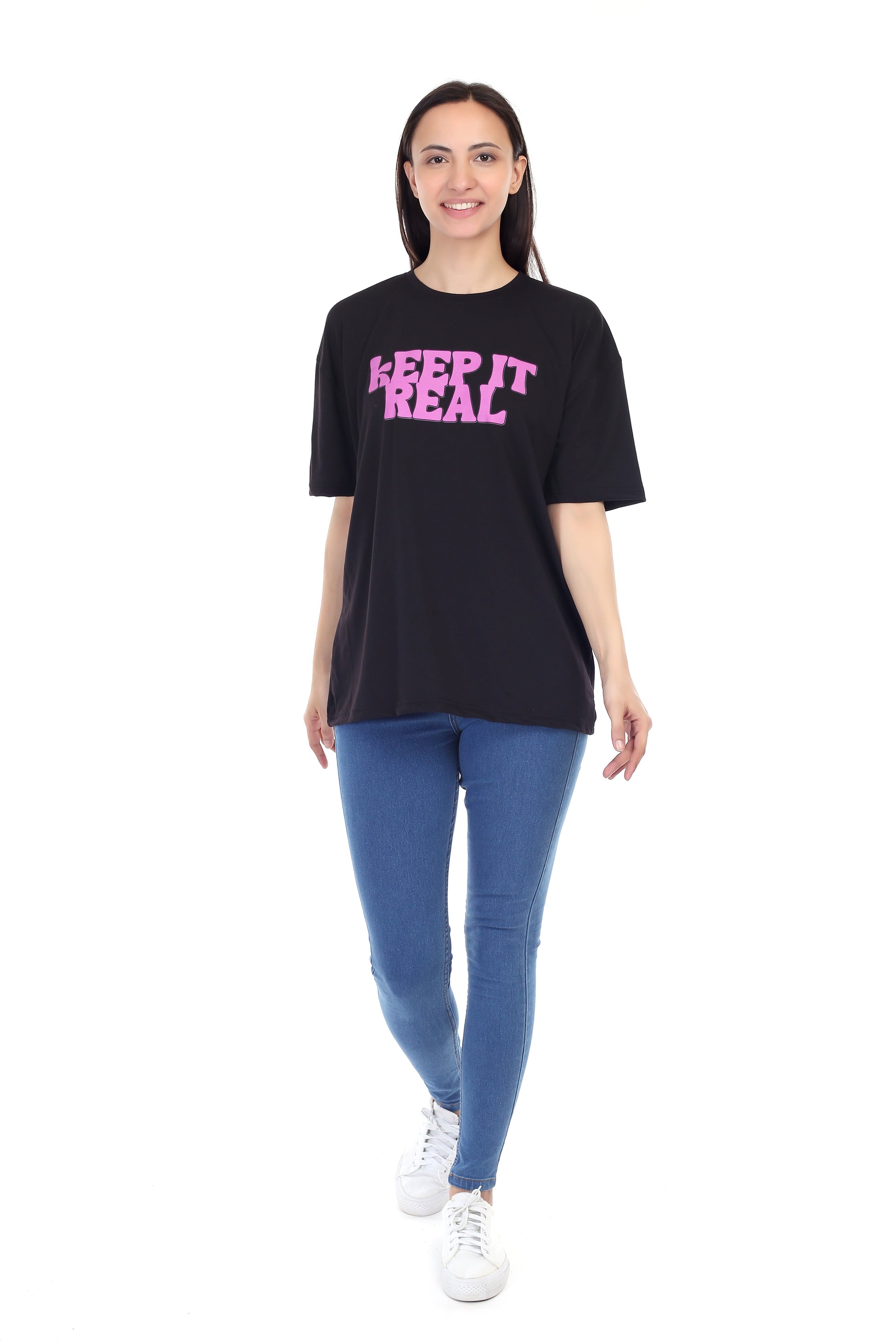 Women's KEEP IT REAL Printed Round Neck Half Sleeve Cotton Blend Over-sized T-Shirt