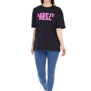 Women's KEEP IT REAL Printed Round Neck Half Sleeve Cotton Blend Over-sized T-Shirt