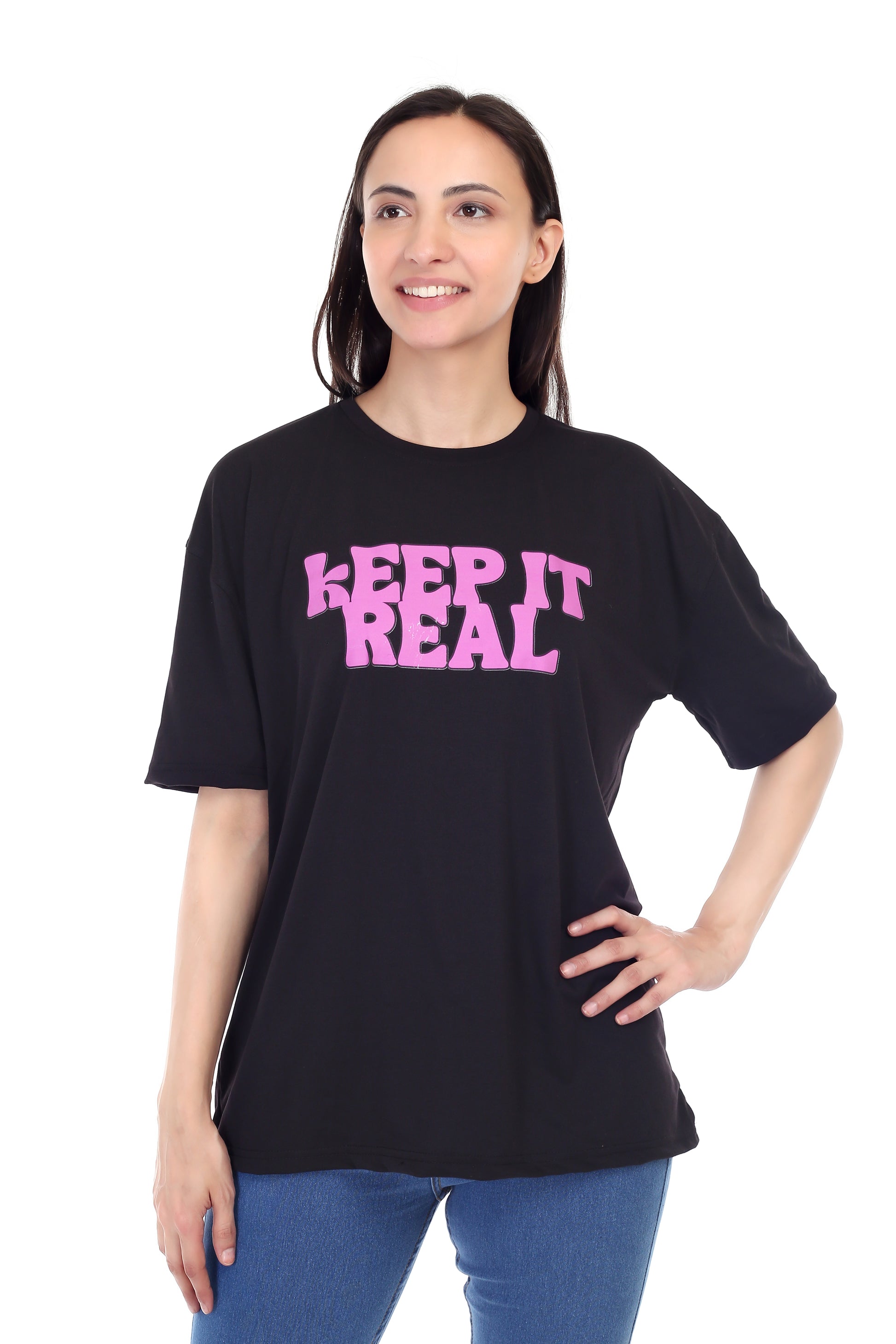 Women's KEEP IT REAL Printed Round Neck Half Sleeve Cotton Blend Over-sized T-Shirt