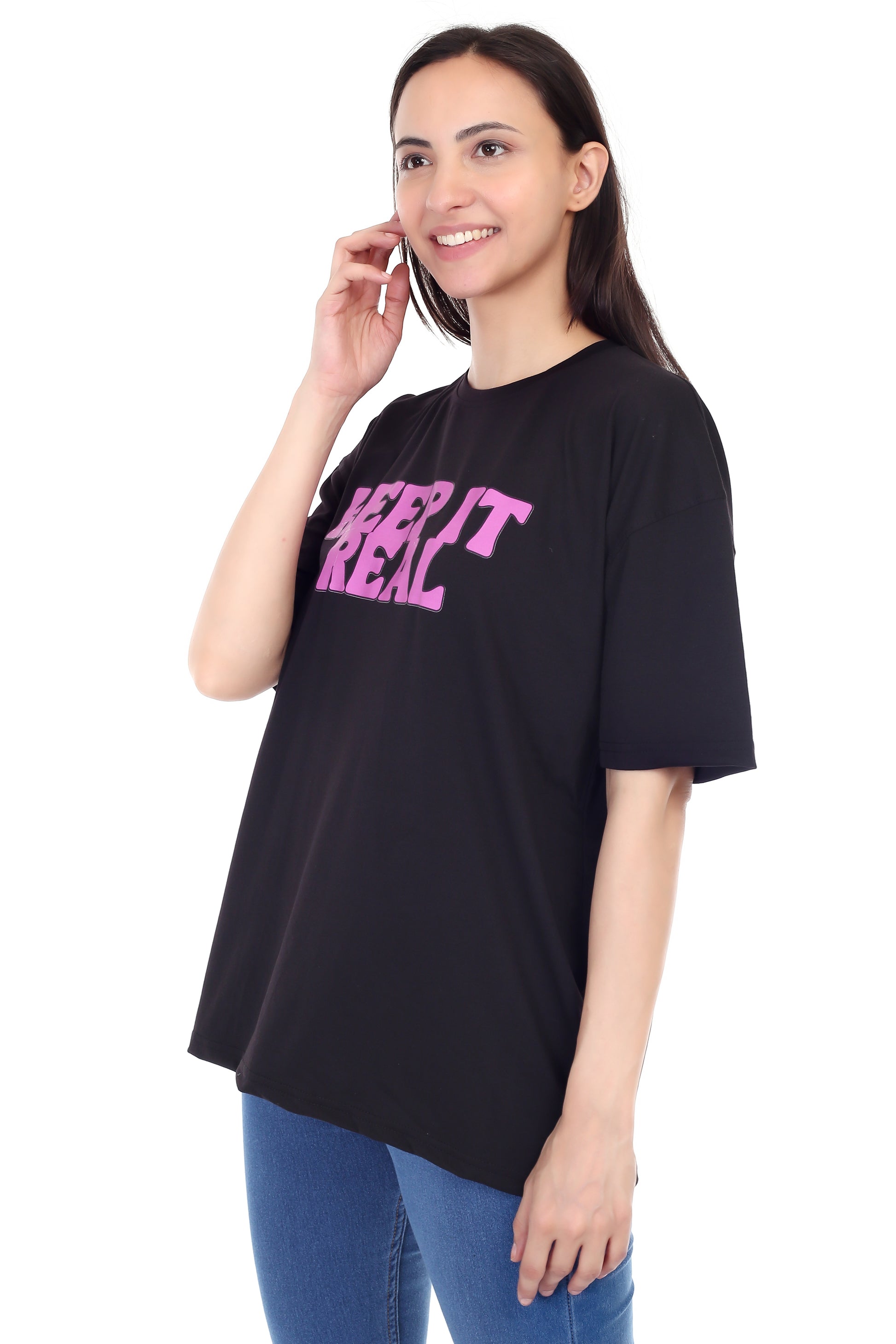 Women's KEEP IT REAL Printed Round Neck Half Sleeve Cotton Blend Over-sized T-Shirt