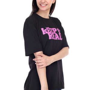 Women's KEEP IT REAL Printed Round Neck Half Sleeve Cotton Blend Over-sized T-Shirt