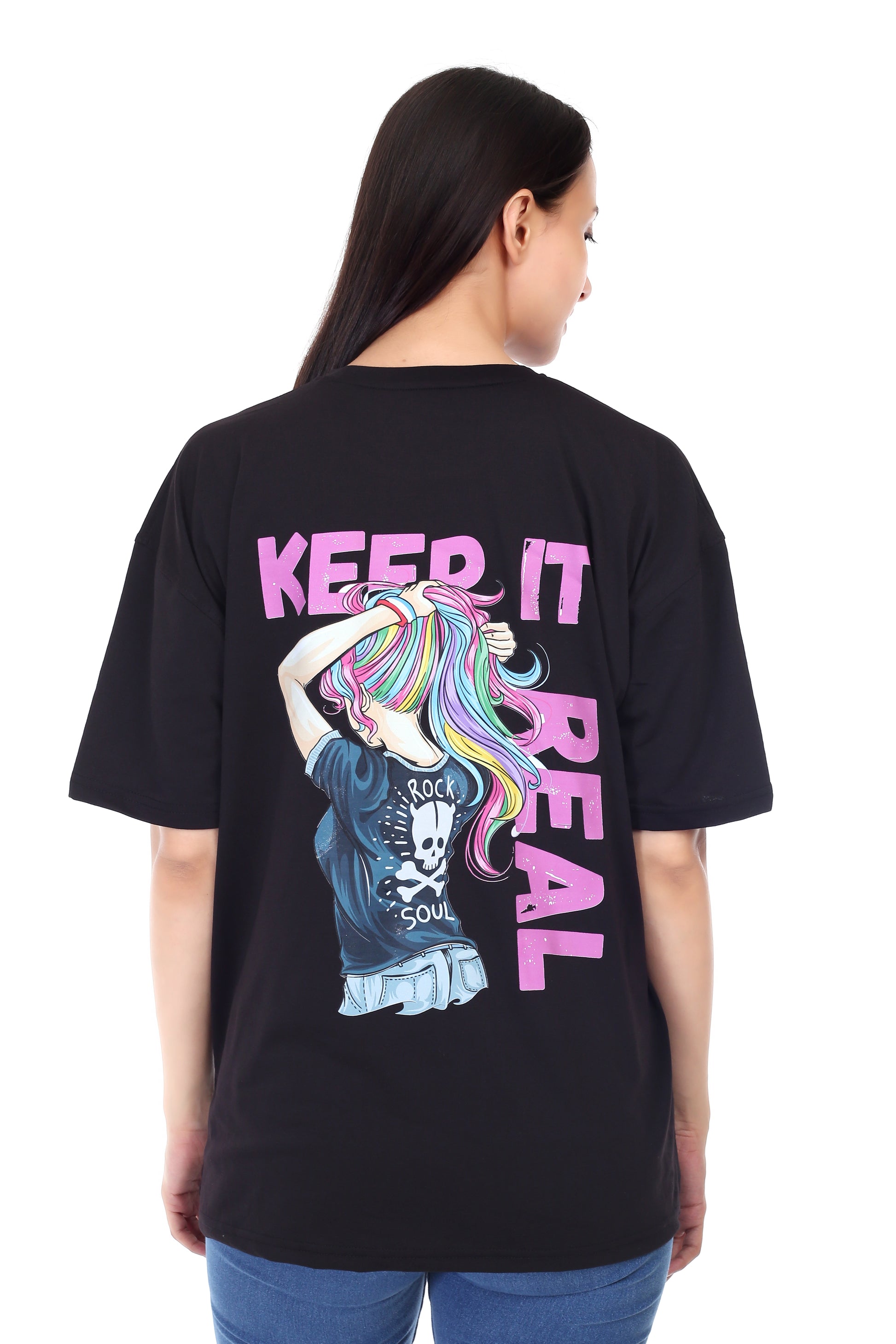 Women's KEEP IT REAL Printed Round Neck Half Sleeve Cotton Blend Over-sized T-Shirt