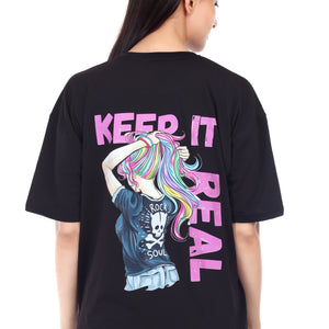 Women's KEEP IT REAL Printed Round Neck Half Sleeve Cotton Blend Over-sized T-Shirt