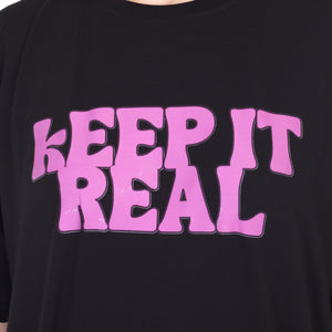 Women's KEEP IT REAL Printed Round Neck Half Sleeve Cotton Blend Over-sized T-Shirt