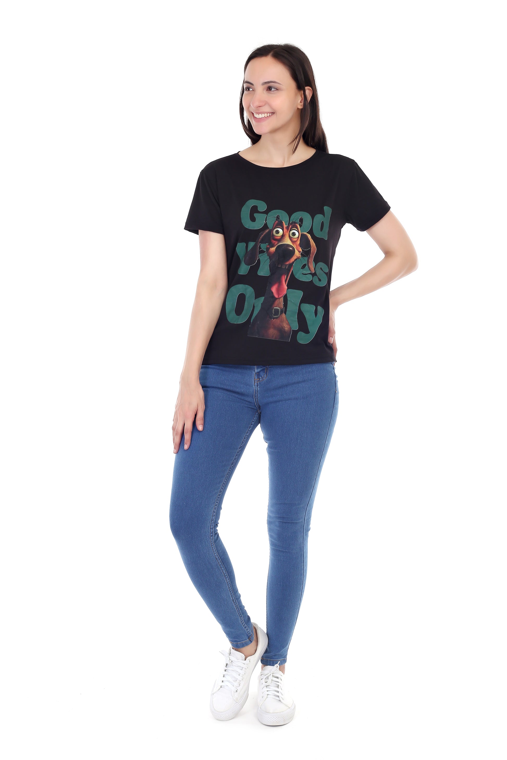 Women's GOOD VIBES ONLY DOG Printed Round Neck Half Sleeve Cotton Blend Regular Fit T-Shirt