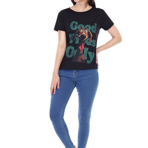 Women's GOOD VIBES ONLY DOG Printed Round Neck Half Sleeve Cotton Blend Regular Fit T-Shirt