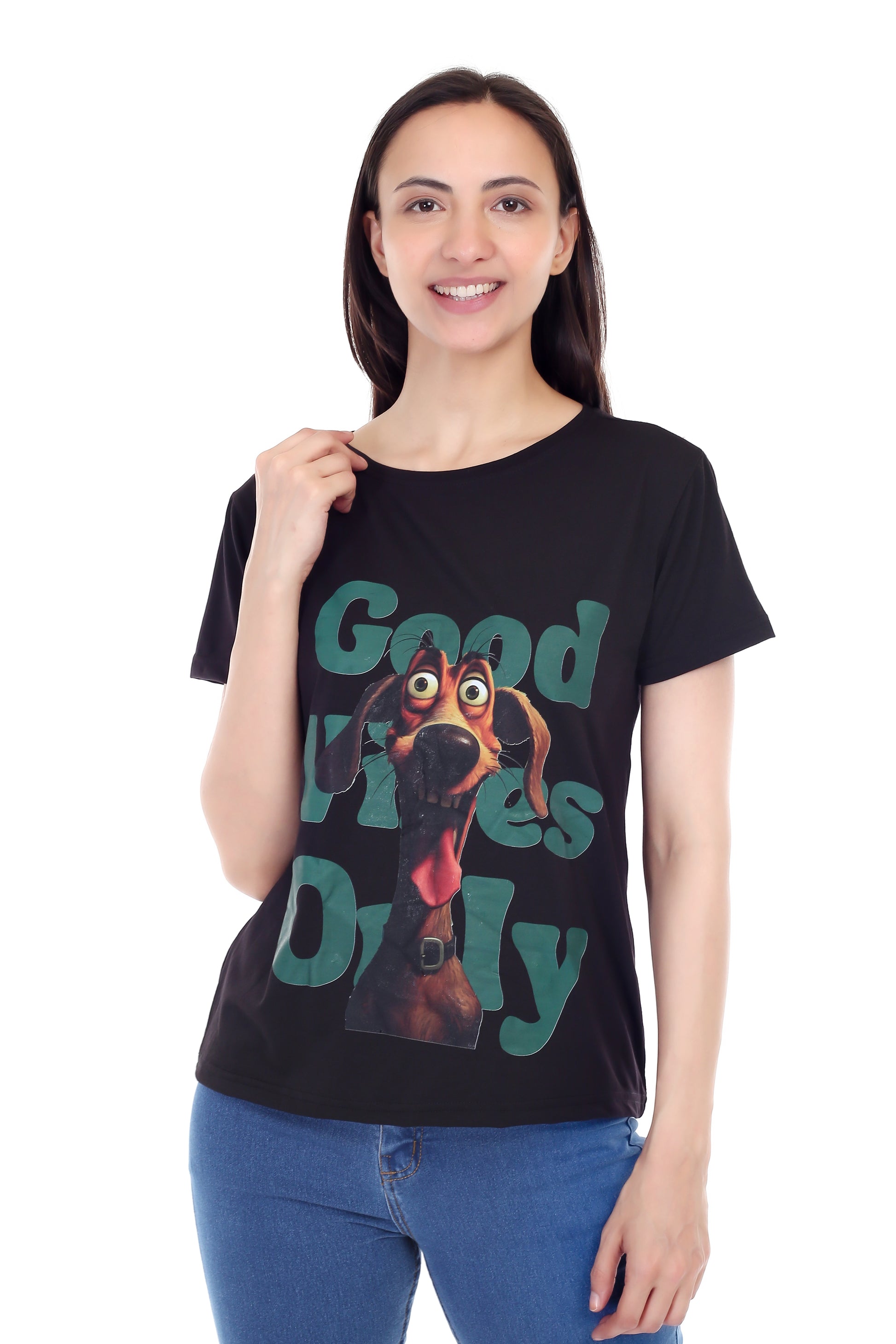 Women's GOOD VIBES ONLY DOG Printed Round Neck Half Sleeve Cotton Blend Regular Fit T-Shirt