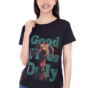 Women's GOOD VIBES ONLY DOG Printed Round Neck Half Sleeve Cotton Blend Regular Fit T-Shirt