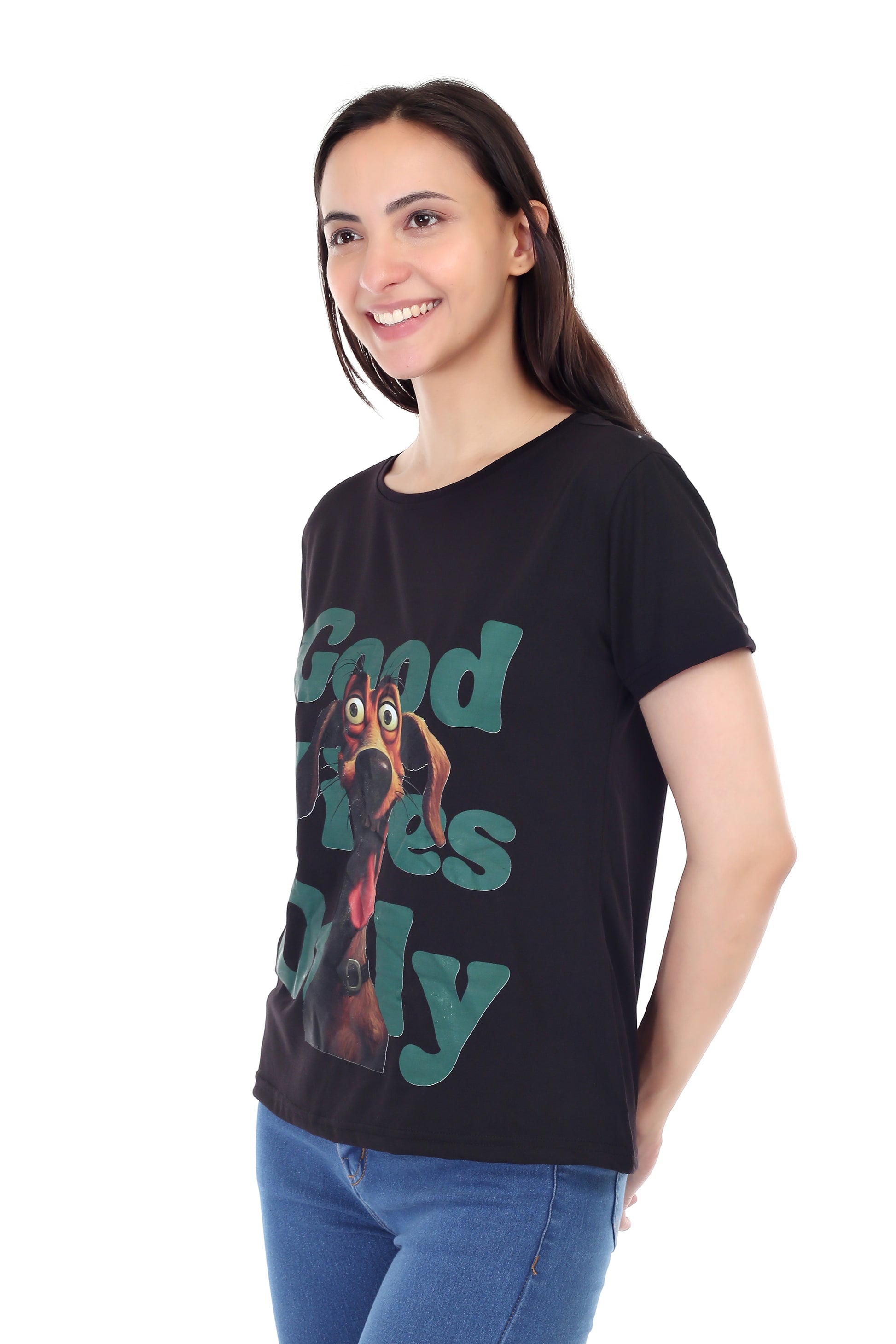 Women's GOOD VIBES ONLY DOG Printed Round Neck Half Sleeve Cotton Blend Regular Fit T-Shirt