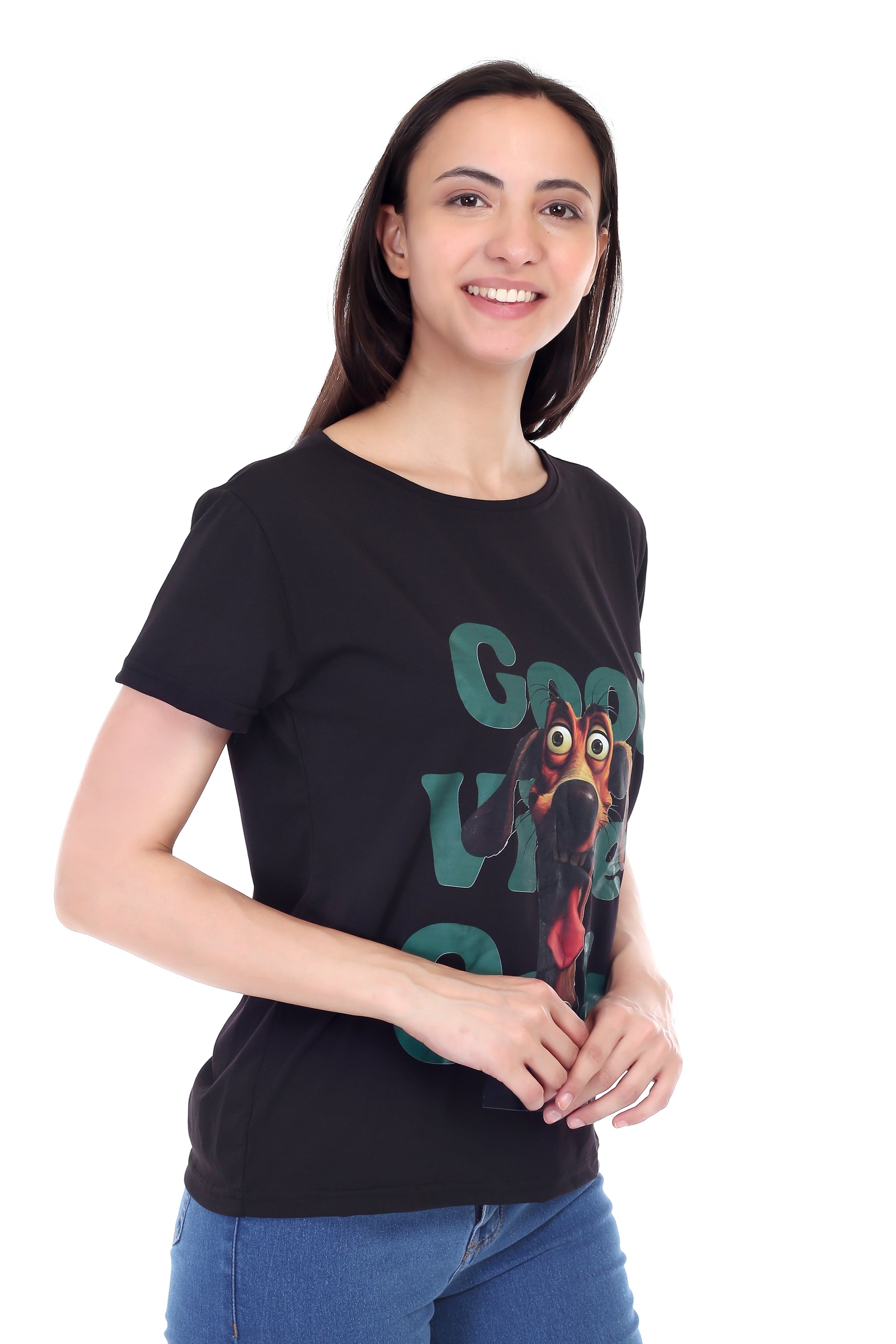 Women's GOOD VIBES ONLY DOG Printed Round Neck Half Sleeve Cotton Blend Regular Fit T-Shirt