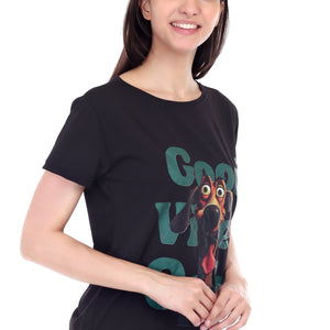 Women's GOOD VIBES ONLY DOG Printed Round Neck Half Sleeve Cotton Blend Regular Fit T-Shirt