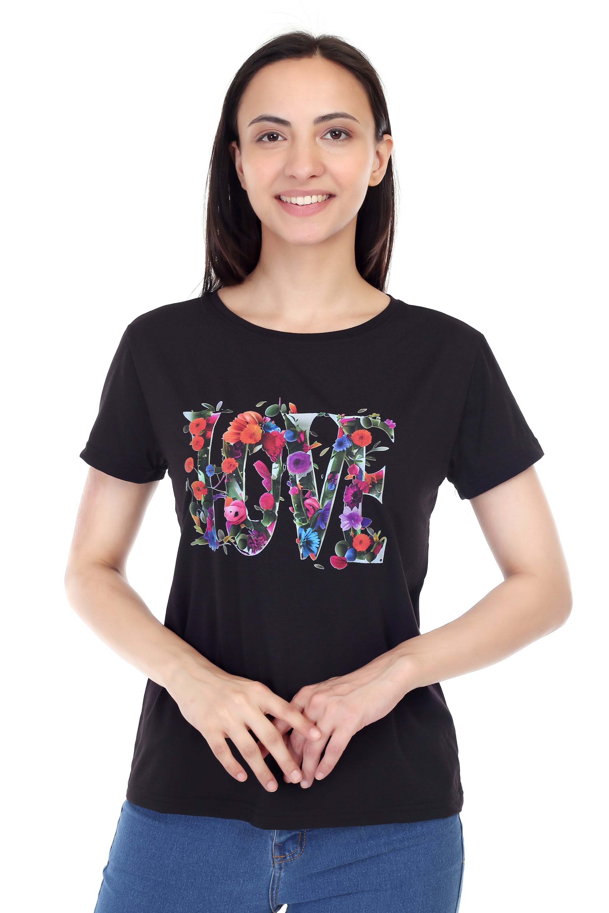 Women's Floral Love Printed Round Neck Half Sleeve Cotton Blend Regular Fit T-Shirt