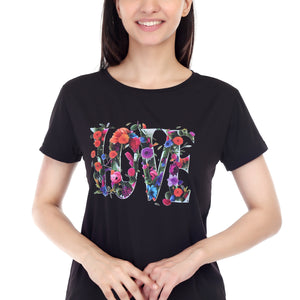 Women's Floral Love Printed Round Neck Half Sleeve Cotton Blend Regular Fit T-Shirt