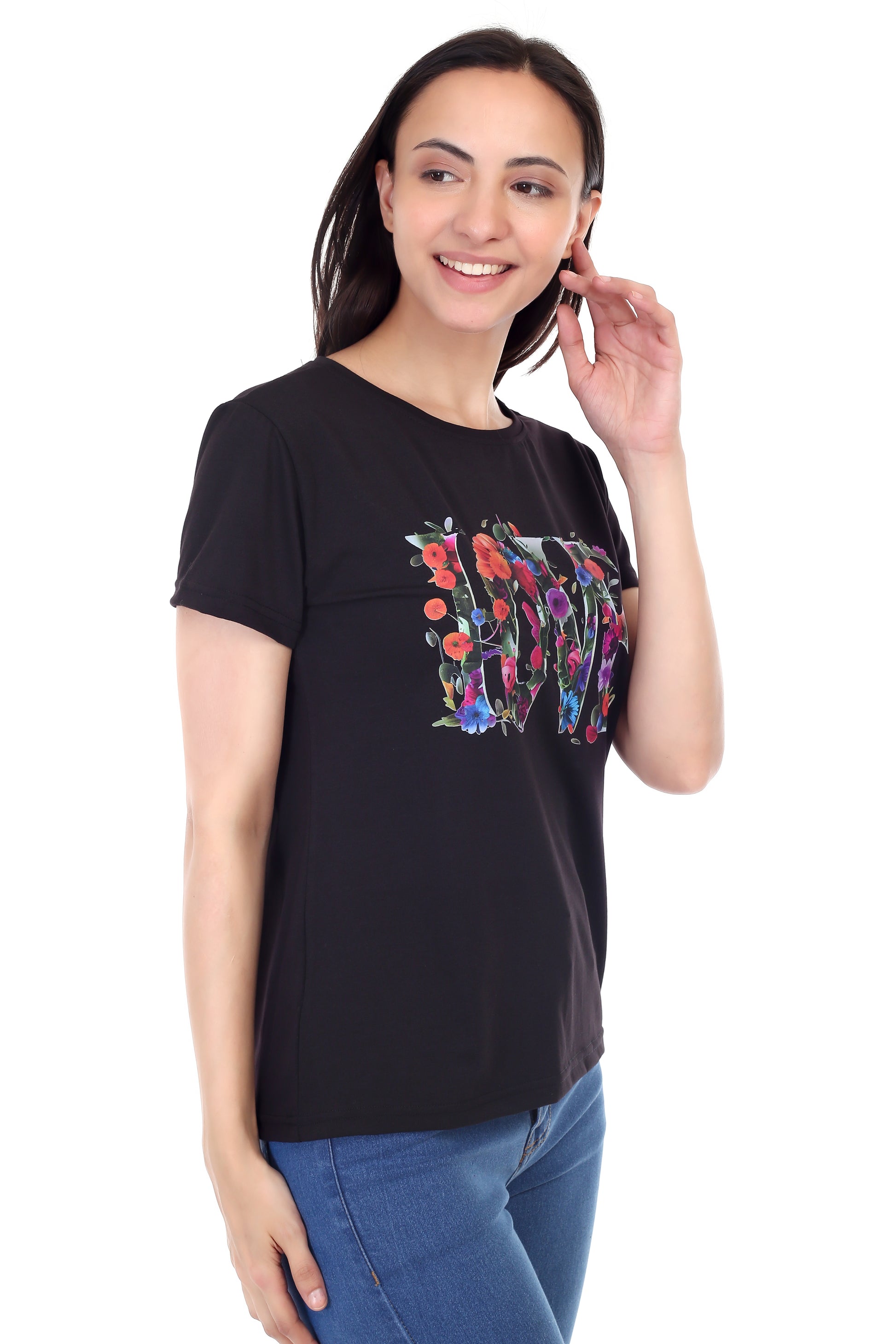 Women's Floral Love Printed Round Neck Half Sleeve Cotton Blend Regular Fit T-Shirt