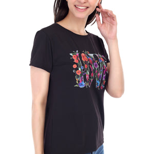 Women's Floral Love Printed Round Neck Half Sleeve Cotton Blend Regular Fit T-Shirt