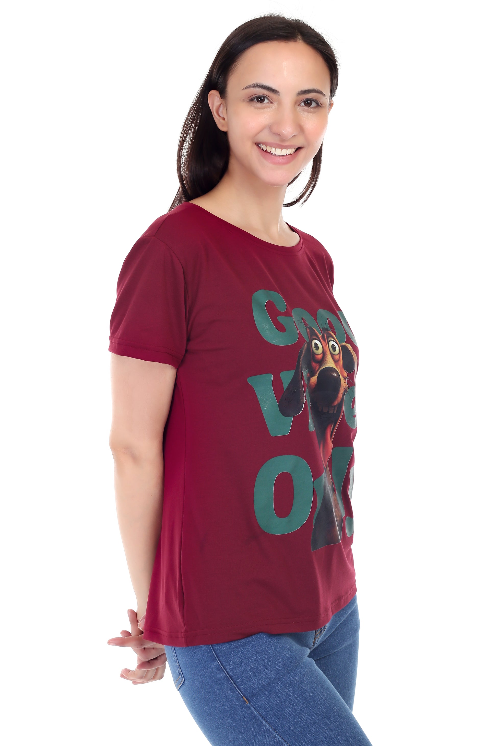 Women's GOOD VIBES ONLY DOG Printed Round Neck Half Sleeve Cotton Blend Regular Fit T-Shirt