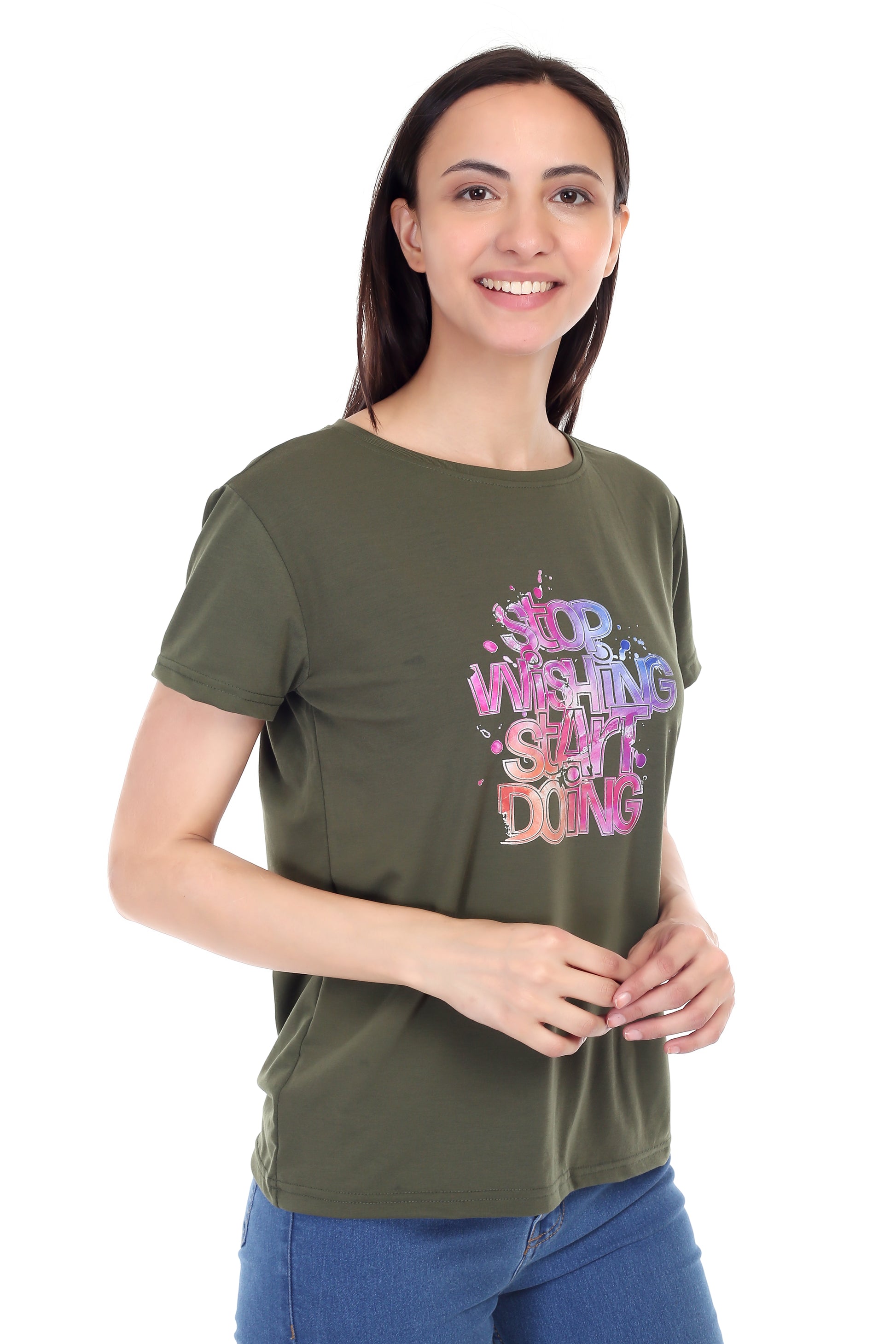 Women's Stop Wishing Start Doing Printed Round Neck Half Sleeve Cotton Blend Regular Fit T-Shirt