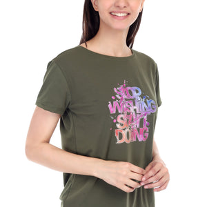 Women's Stop Wishing Start Doing Printed Round Neck Half Sleeve Cotton Blend Regular Fit T-Shirt