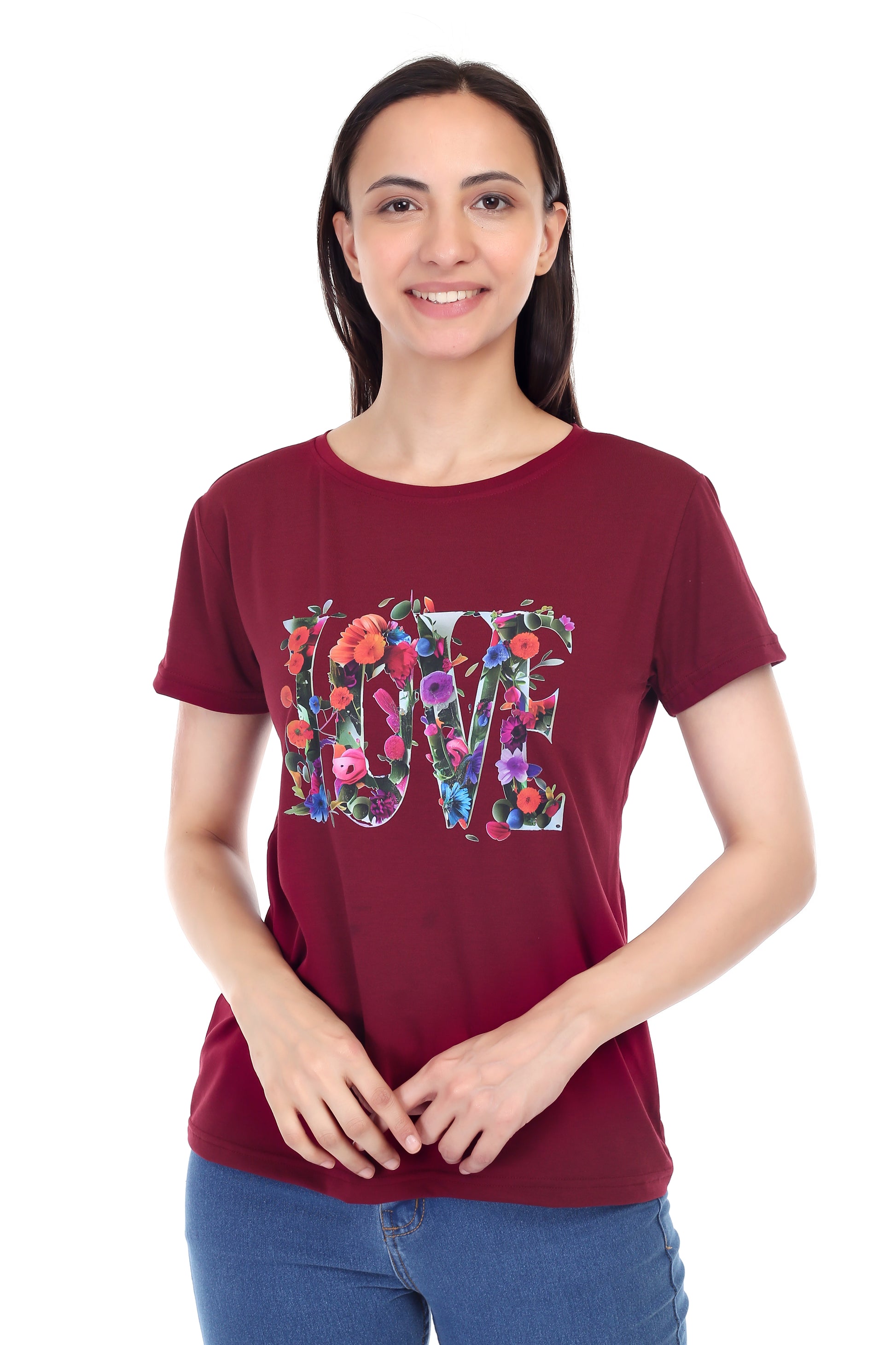 Women's Floral Love Printed Round Neck Half Sleeve Cotton Blend Regular Fit T-Shirt