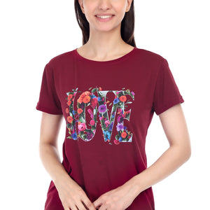 Women's Floral Love Printed Round Neck Half Sleeve Cotton Blend Regular Fit T-Shirt