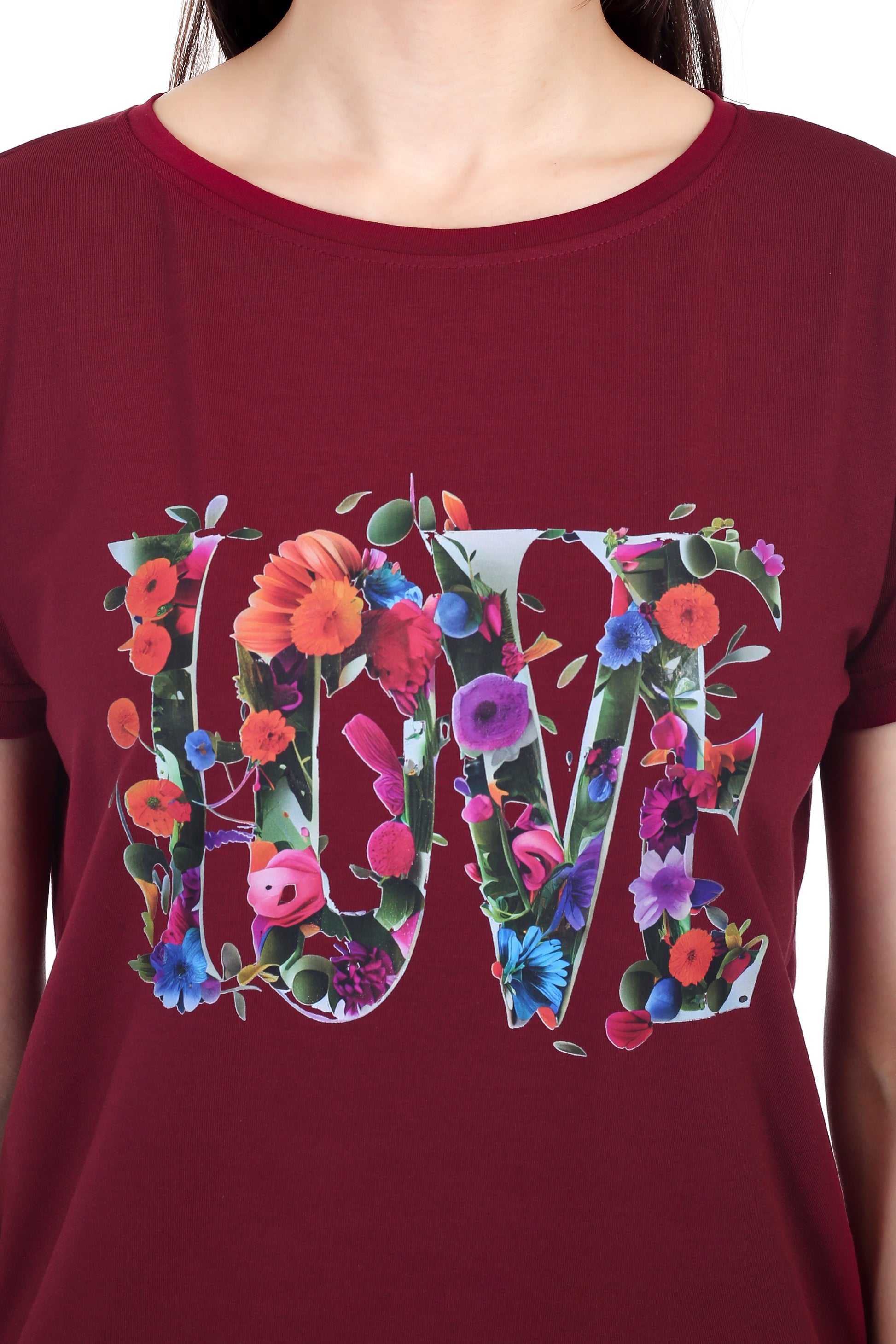 Women's Floral Love Printed Round Neck Half Sleeve Cotton Blend Regular Fit T-Shirt