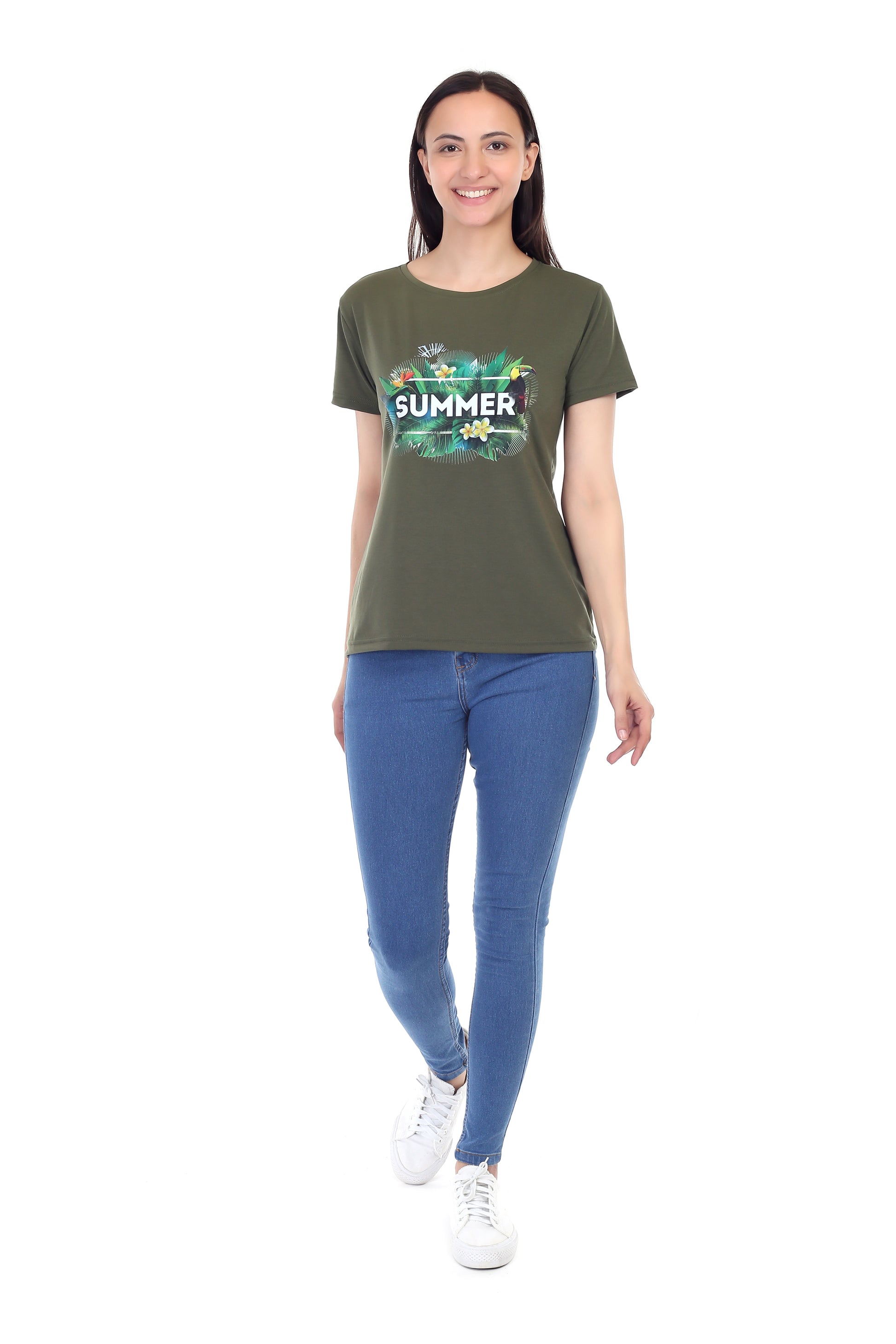 Women's Forest Theme Summer Printed Round Neck Half Sleeve Cotton Blend Regular Fit T-Shirt